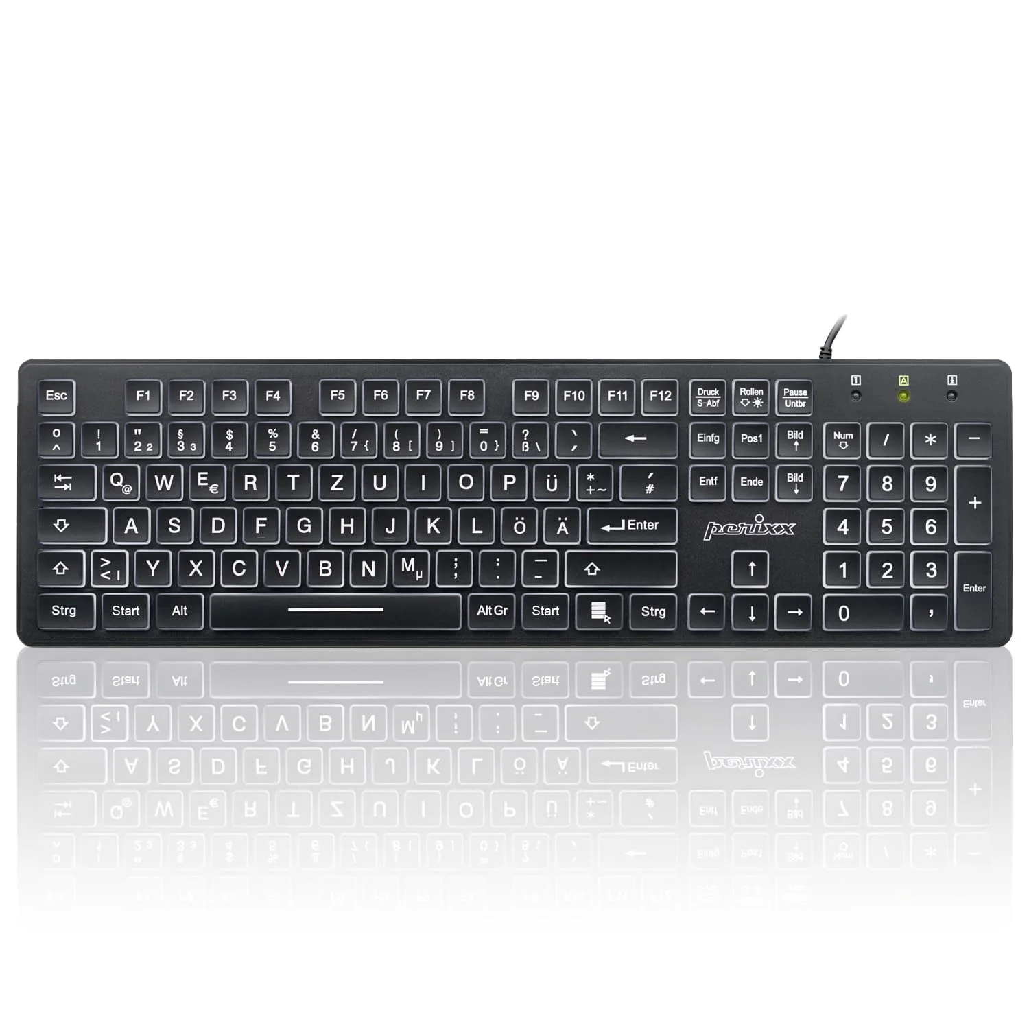 Perixx Periboard-317, Kabelgebundene Tastatur mit weißer LED Hintergrundbeleuchtung, Große Druckbuchstaben, Vollformat, Deutsches QWERTZ Layout