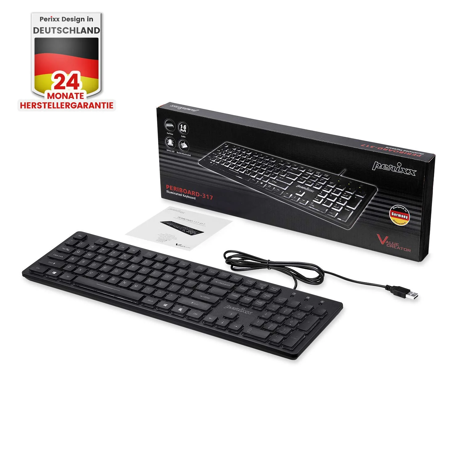 Perixx Periboard-317, Kabelgebundene Tastatur mit weißer LED Hintergrundbeleuchtung, Große Druckbuchstaben, Vollformat, Deutsches QWERTZ Layout - Image 6