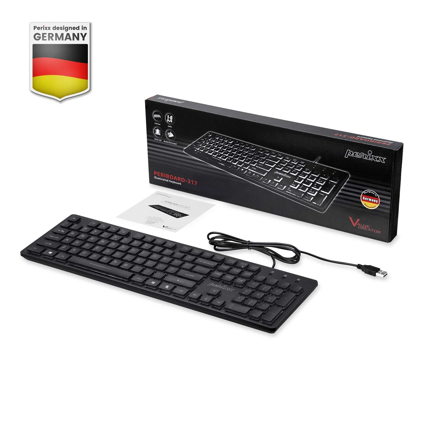 Perixx PERIBOARD-317 USB-Tastatur mit kabelgebunden, beleuchtet, Big Print Letter mit weiß beleuchteter LED, US-Layout, Schwarz - Image 2