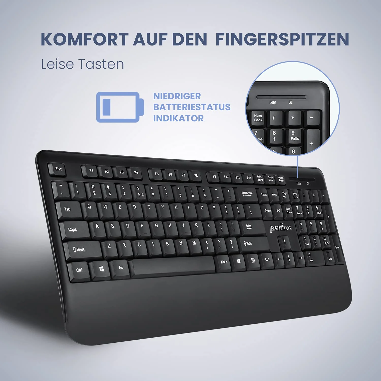 Perixx PERIDUO-714, Kabelloses Standard Vollformat Tastatur mit Nummernblock und Maus Desktop Set, 2,4 GHz Funkverbindung, Schwarz, DE QWERTZ