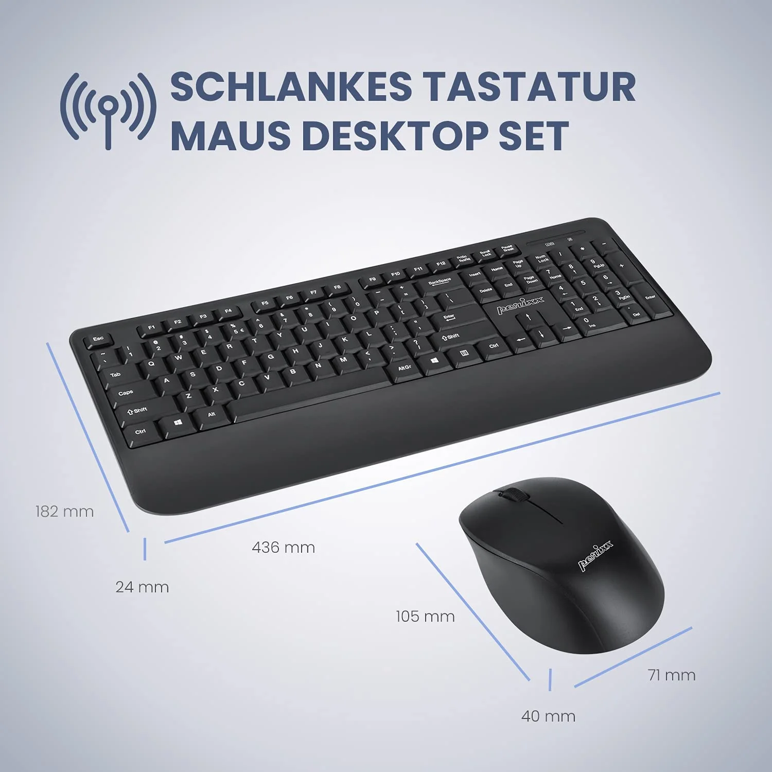 Perixx PERIDUO-714, Kabelloses Standard Vollformat Tastatur mit Nummernblock und Maus Desktop Set, 2,4 GHz Funkverbindung, Schwarz, DE QWERTZ - Image 7