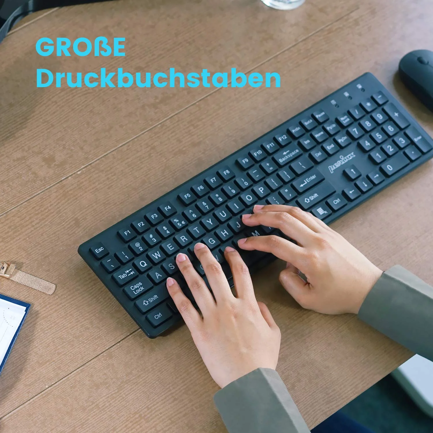Perixx PERIDUO Kabellose Standard Tastatur und Maus Desktop-Set mit großen Druckbuchstaben, Schwarz, DE QWERTZ Layout 11717 - Image 3