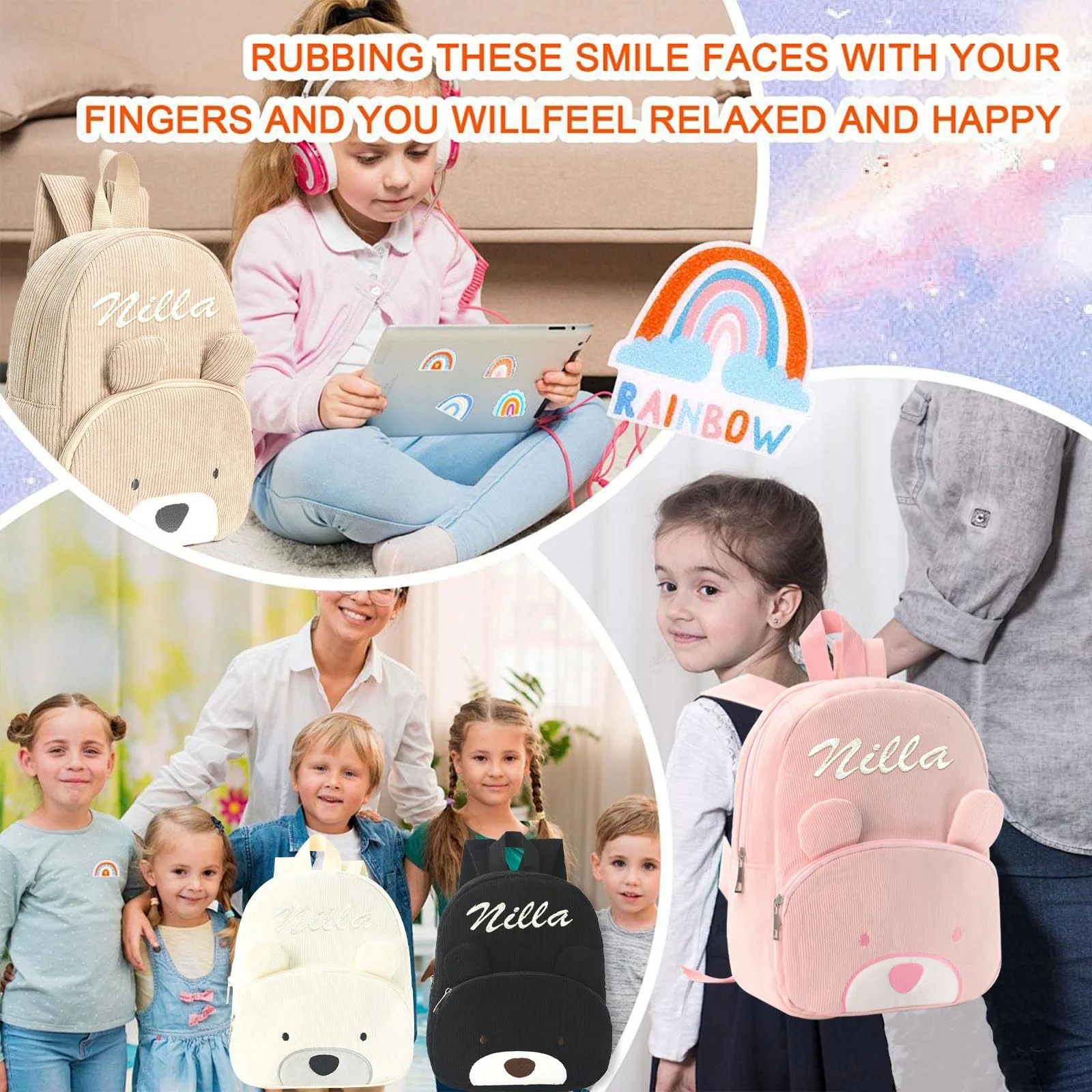 Personalisierte Rucksack Kinder mit Gestickt Namen, Bär Kinderrucksack für Mädchen Junge, Kita Mini Backpack Kleinkind, Kindergartenrucksack Schulranzen Tasche für Kindergarten Schule (Khaki) - Image 3