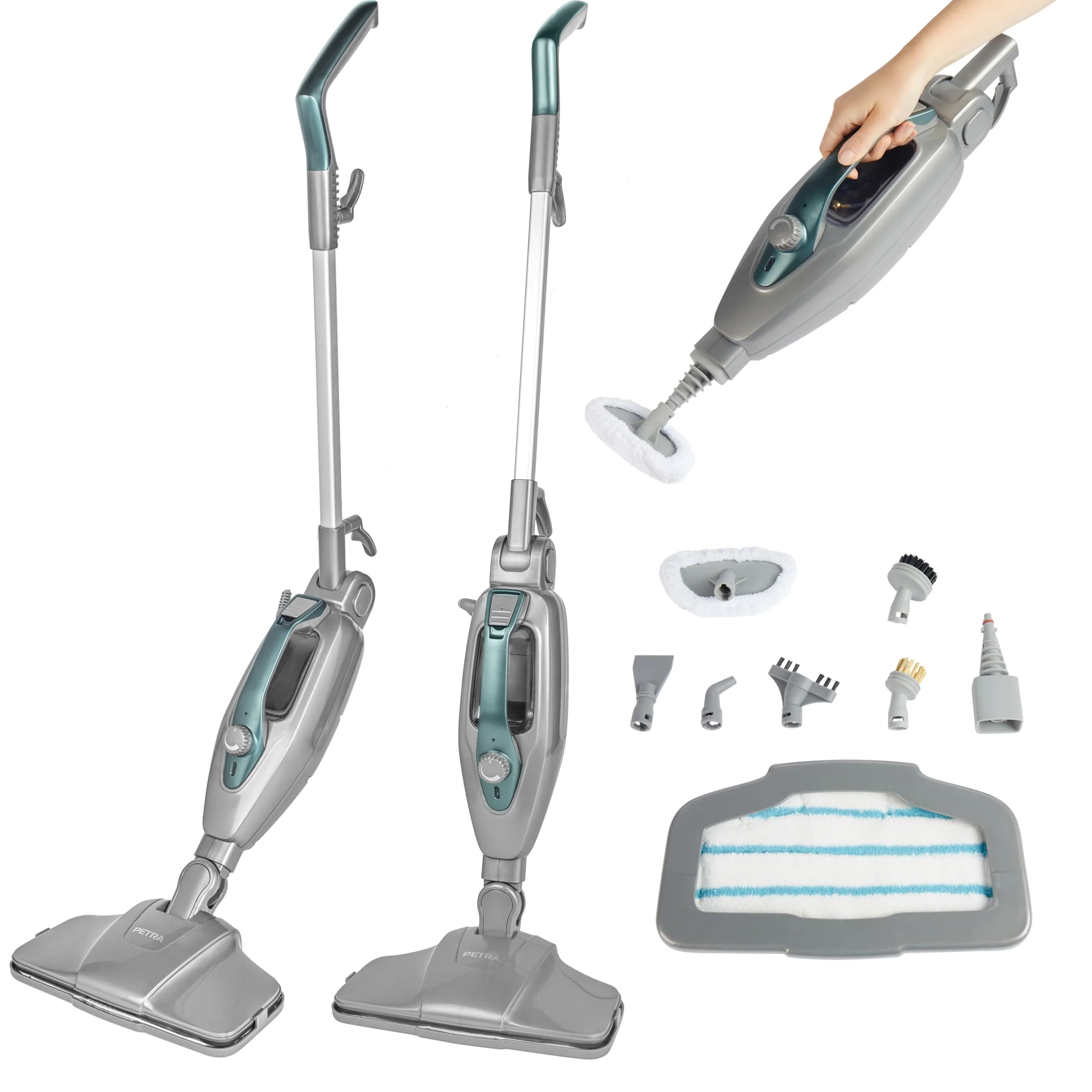 Petra PF01369VDE Dampfreiniger 14-in-1 - als Boden- und Handdampfreiniger verwendbar, chemiefreies Reinigen, für Böden/Teppiche/Sanitär, 350 ml Tank, Zubehör inklusive, 1300 W - Image 2