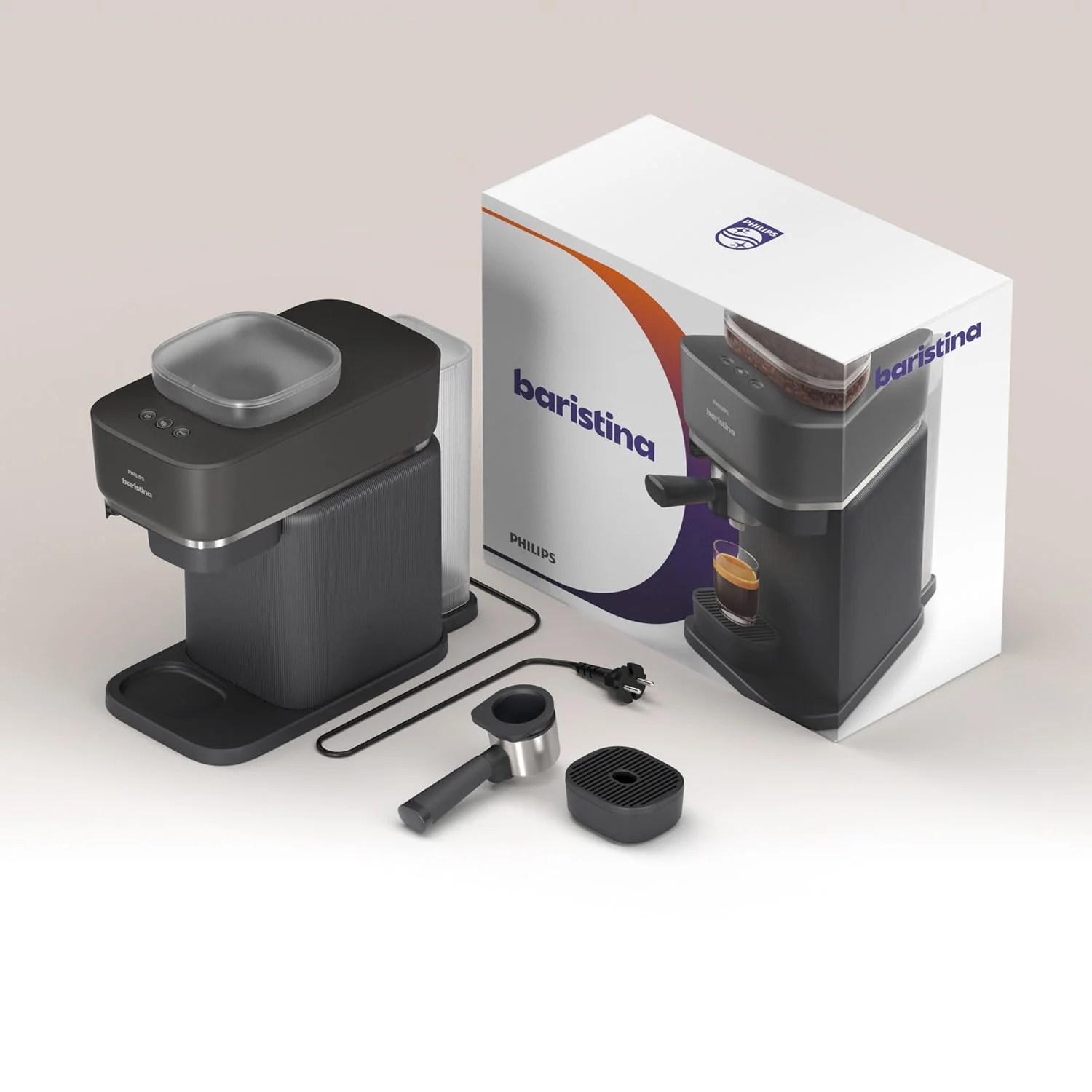 Philips Baristina Espressomaschine - Real Espresso- made simple. Kompakte Kaffeemaschine- Naturweiß mit weißem Siebträger- 16-bar-Pumpendruck- automatisches Mahlwerk- Cafe Crema (BAR300/00) - Image 5