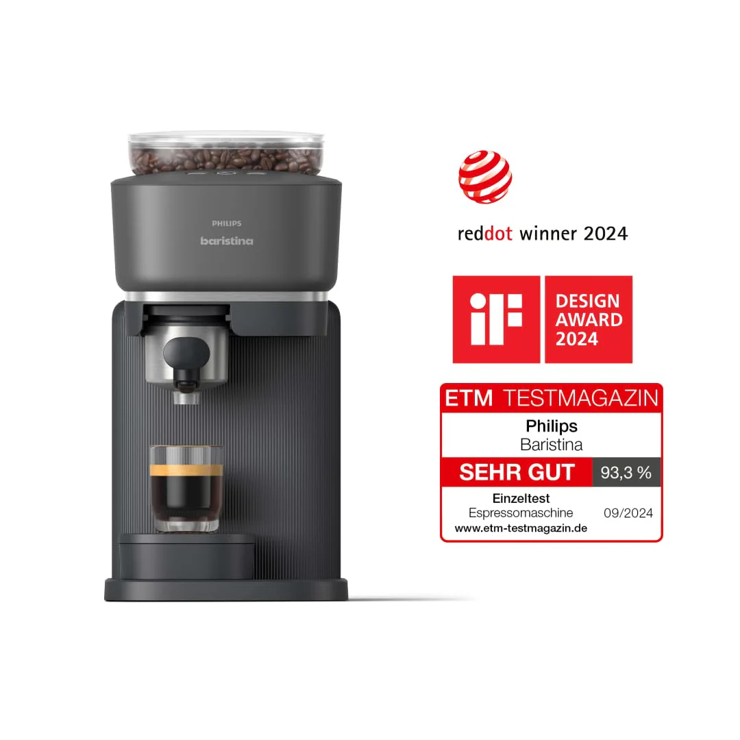 Philips Baristina Espressomaschine - Real Espresso- made simple. Kompakte Kaffeemaschine- Schwarzgrau mit schwarzgrauem Siebträger- 16-bar-Pumpendruck- automatisches Mahlwerk- Cafe Crema (BAR300/60) - Image 4