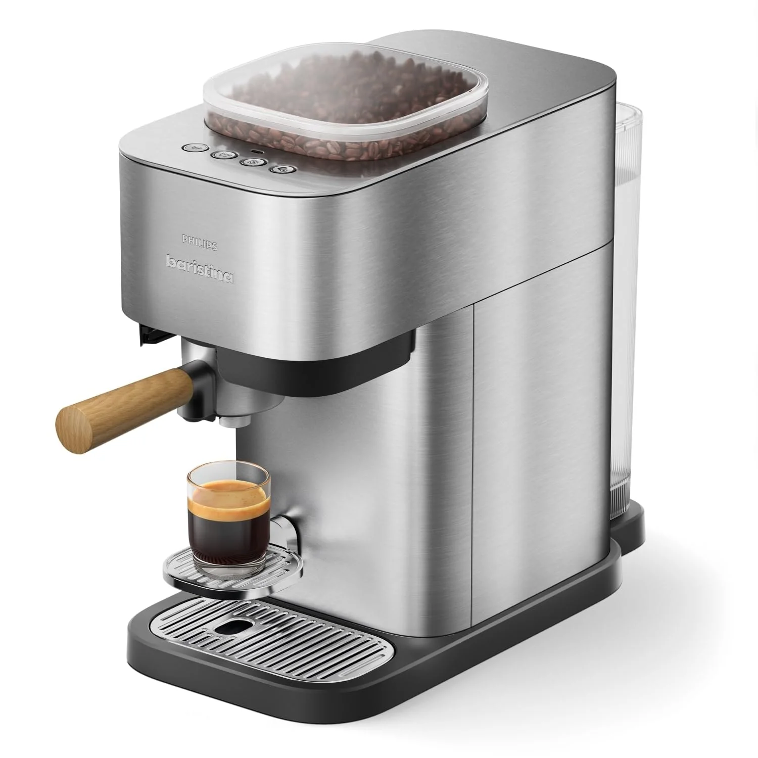 PHILIPS Baristina Plus Espressomaschine, Automatisches Mahlen, Tampen & Brühen, 16 Bar, Einfache Reinigung, Espresso, Iced Coffee, Café Crema, Mit Mahlwerk, Edelstahl mit Holz-Siebträger (BAR500/00)