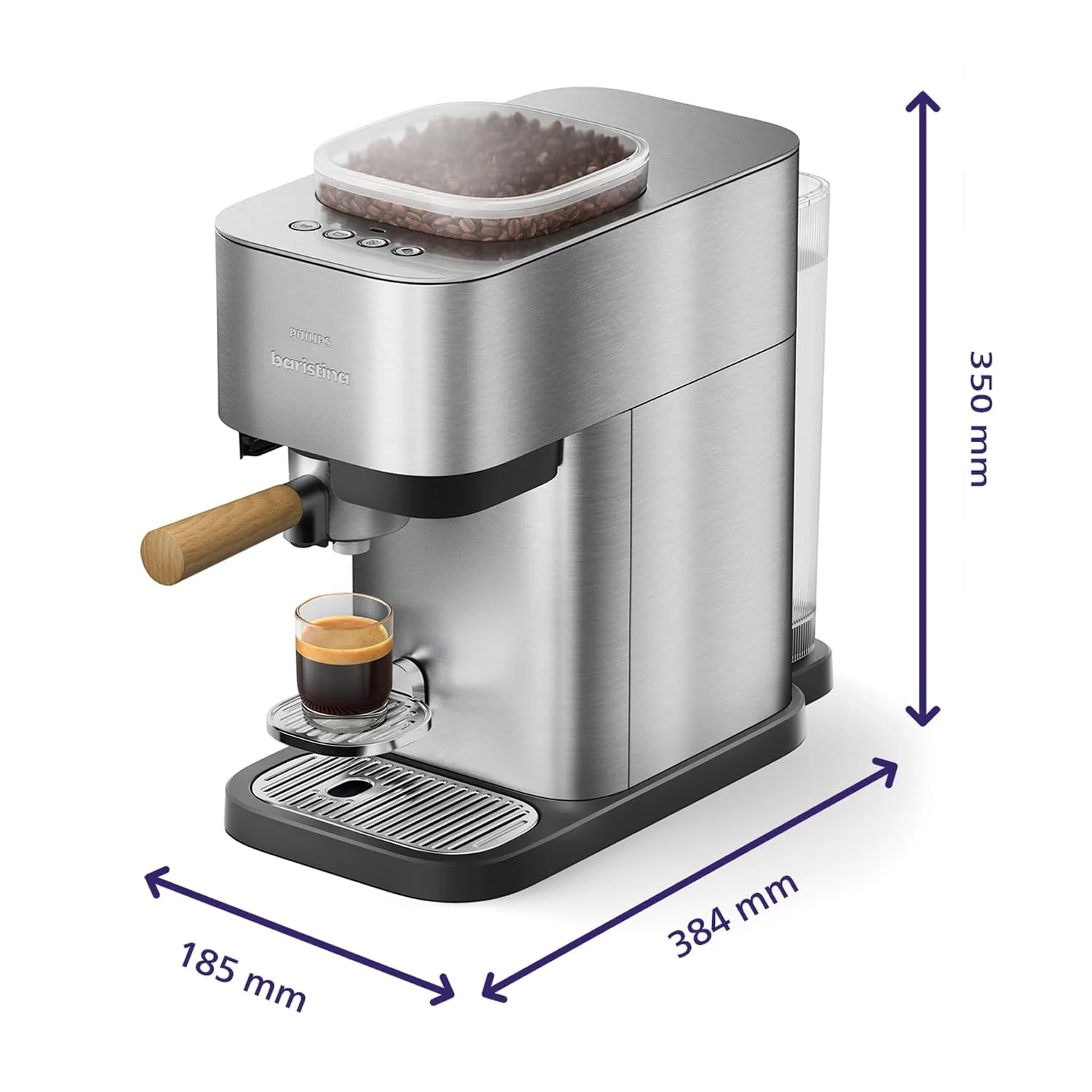 PHILIPS Baristina Plus Espressomaschine, Automatisches Mahlen, Tampen & Brühen, 16 Bar, Einfache Reinigung, Espresso, Iced Coffee, Café Crema, Mit Mahlwerk, Edelstahl mit Holz-Siebträger (BAR500/00) - Image 3