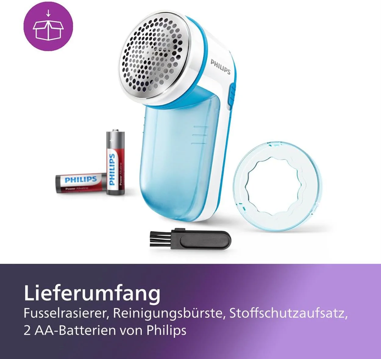 Philips Fusselrasierer – Fusselentferner für Kleidungsstücke, geeignet für alle Textilien, 2 Höheneinstellungen, batteriebetrieben (2X AA-Batterien inkl.), blau (GC026/00) - Image 4