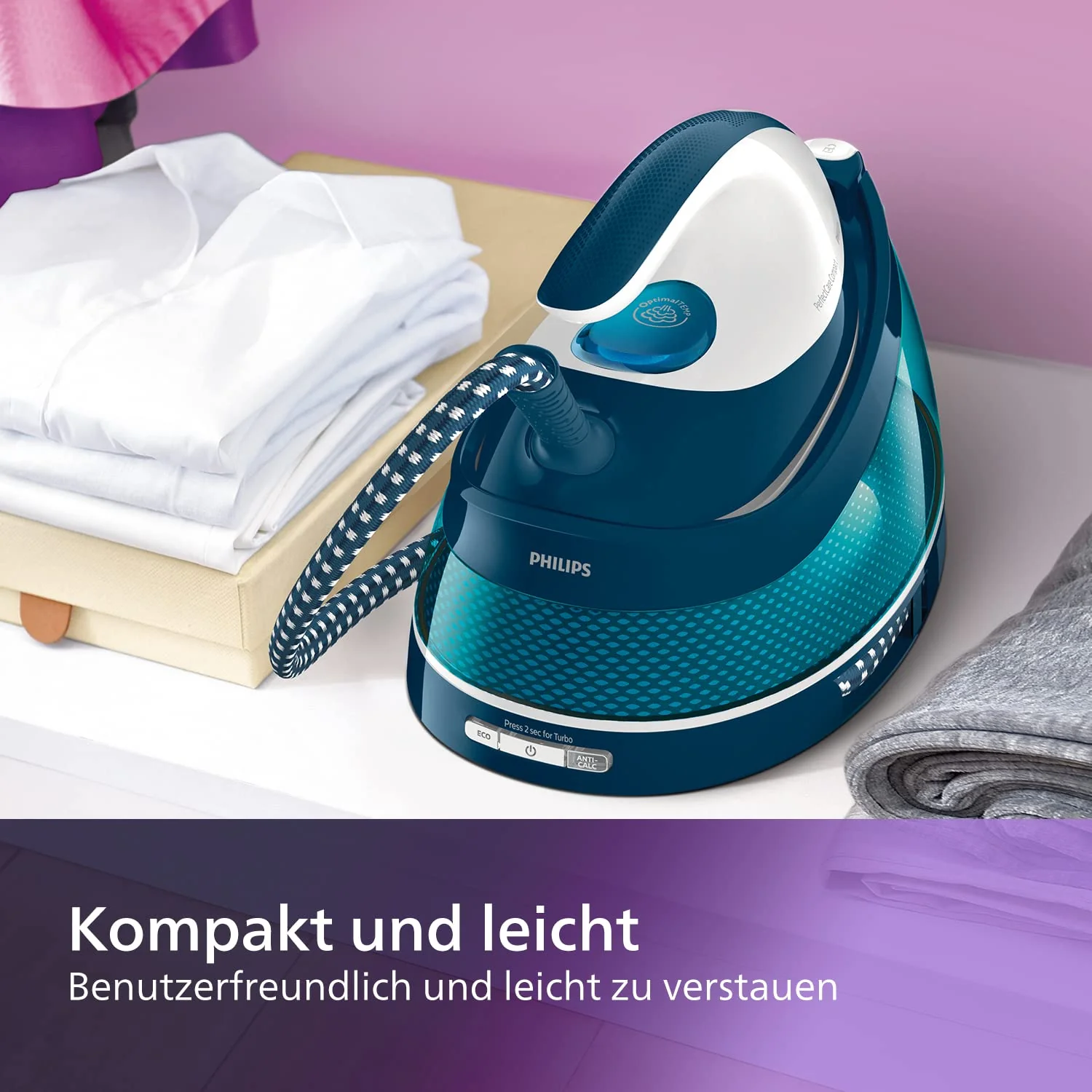Philips PerfectCare Compact Dampfbügelstation – 6,5 Bar Pumpendruck, Dampfstoß bis zu 400 g, 1,5 l Wassertank, OptimalTEMP-Technologie, SteamGlide-Sohle, Kompakt, Schnelleres Bügeln (GC7844/20) - Image 5