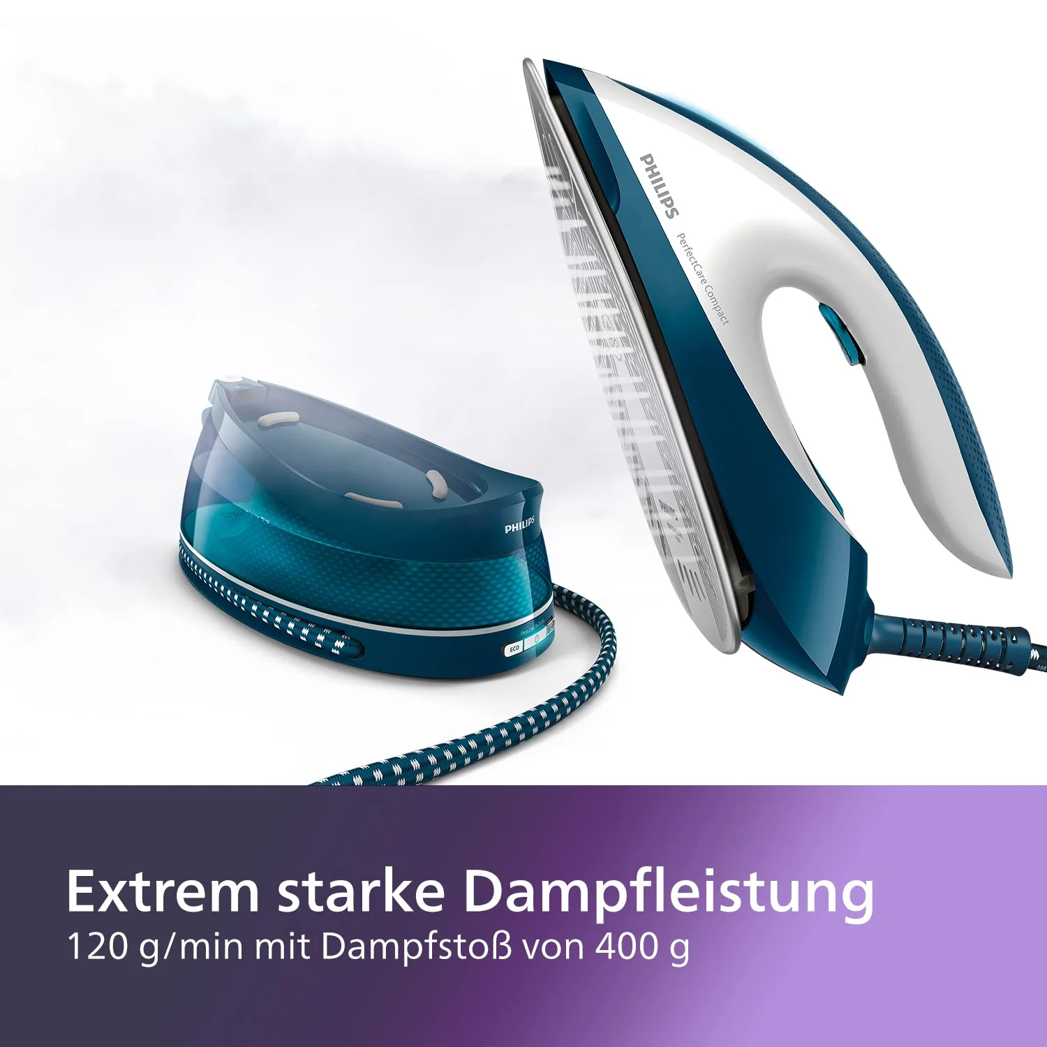 Philips PerfectCare Compact Dampfbügelstation – 6,5 Bar Pumpendruck, Dampfstoß bis zu 400 g, 1,5 l Wassertank, OptimalTEMP-Technologie, SteamGlide-Sohle, Kompakt, Schnelleres Bügeln (GC7844/20) - Image 6