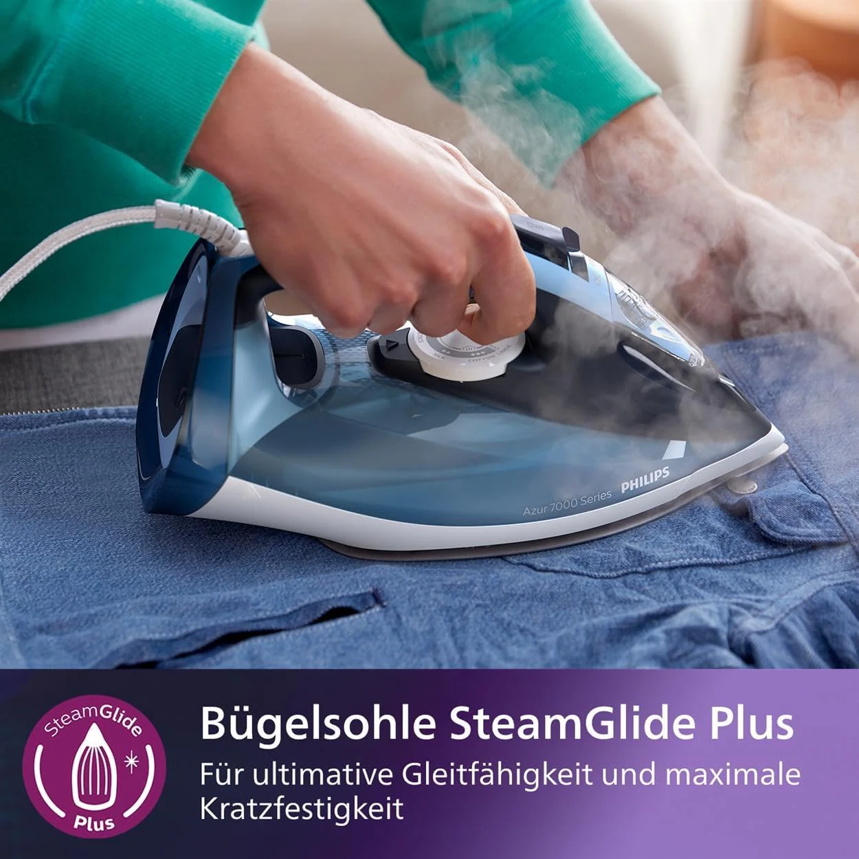 Philips Series 7000 Dampfbügeleisen – 3000 W, konstante Dampfleistung 55 g/min, Dampfstoß 250 g, Vertikaldampf, SteamGlide Elite Bügelsohle, Blau/Gelb (DST7060/20) - Image 10
