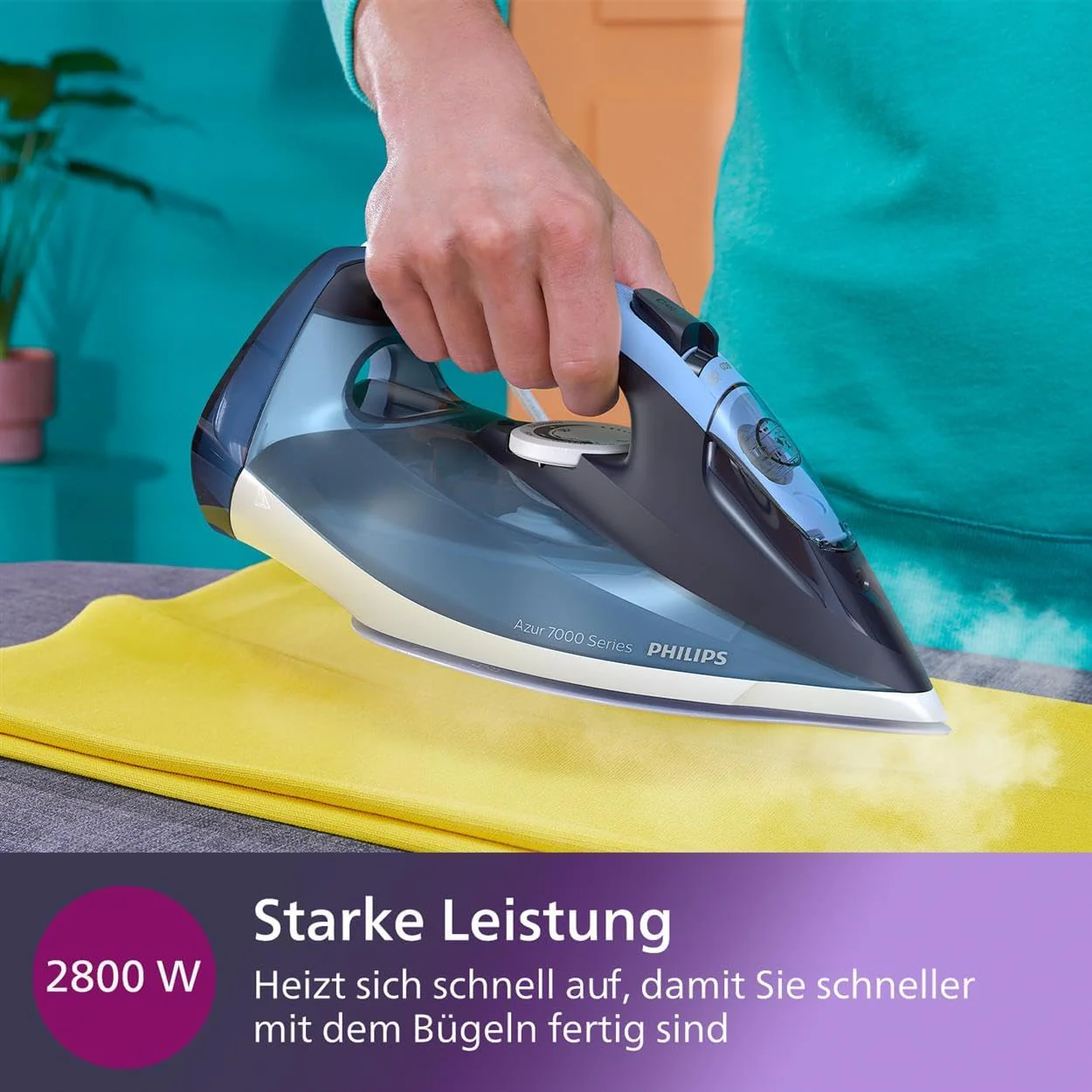 Philips Series 7000 Dampfbügeleisen – 3000 W, konstante Dampfleistung 55 g/min, Dampfstoß 250 g, Vertikaldampf, SteamGlide Elite Bügelsohle, Blau/Gelb (DST7060/20) - Image 3