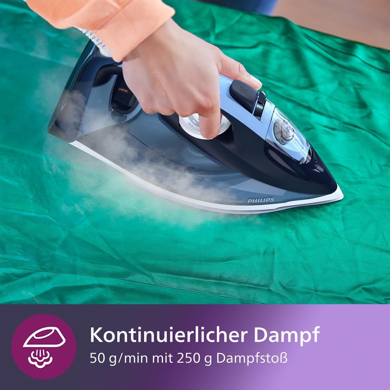 Philips Series 7000 Dampfbügeleisen – 3000 W, konstante Dampfleistung 55 g/min, Dampfstoß 250 g, Vertikaldampf, SteamGlide Elite Bügelsohle, Blau/Gelb (DST7060/20) - Image 4