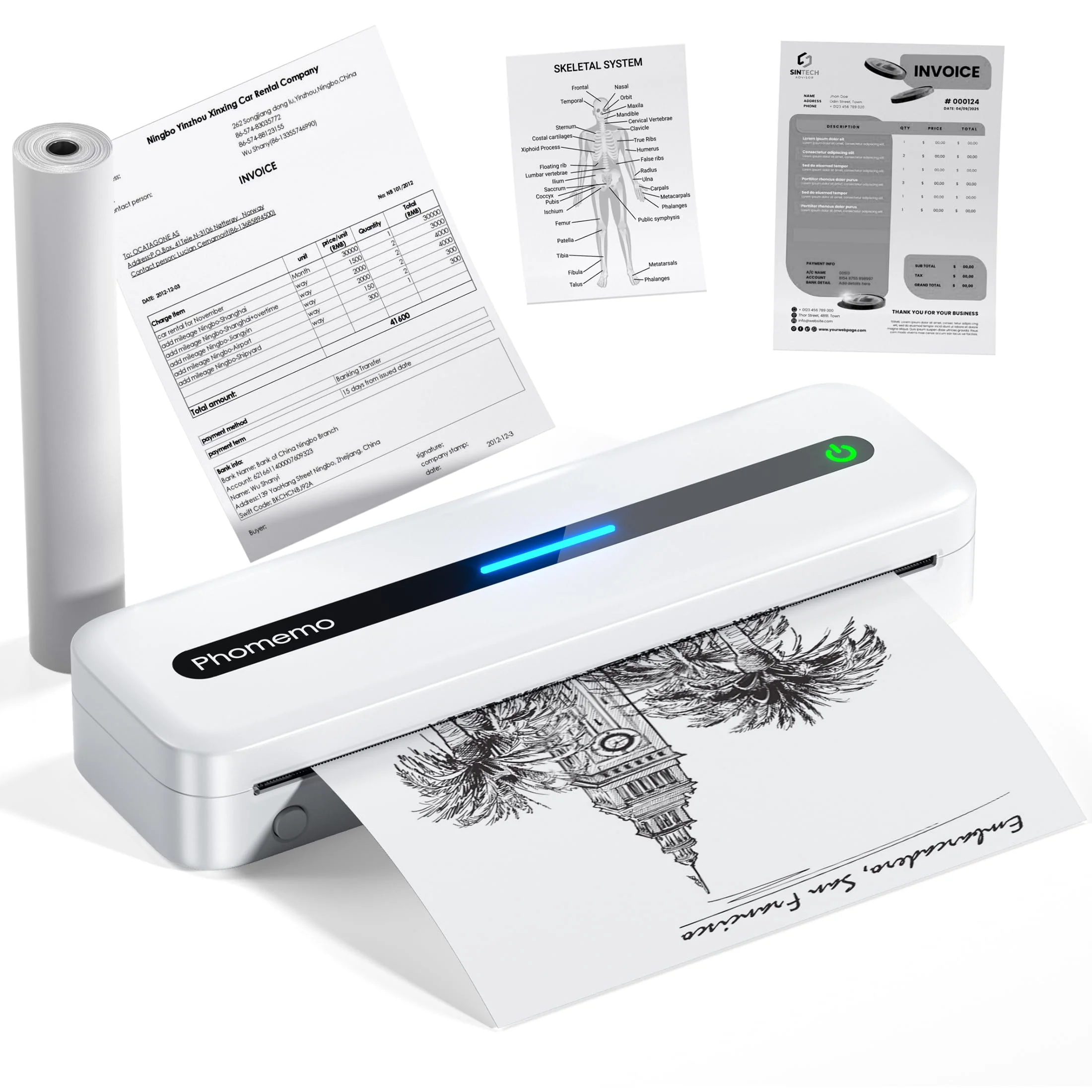 Phomemo Thermodrucker A4, Mobiler Drucker A4 für Unterwegs, Hause, Fotos, Rechnungen, Lernen, Tragbarer Drucker Kompatibel mit Phone & Laptop, Monochromer Reisedrucker Nur Thermopapier
