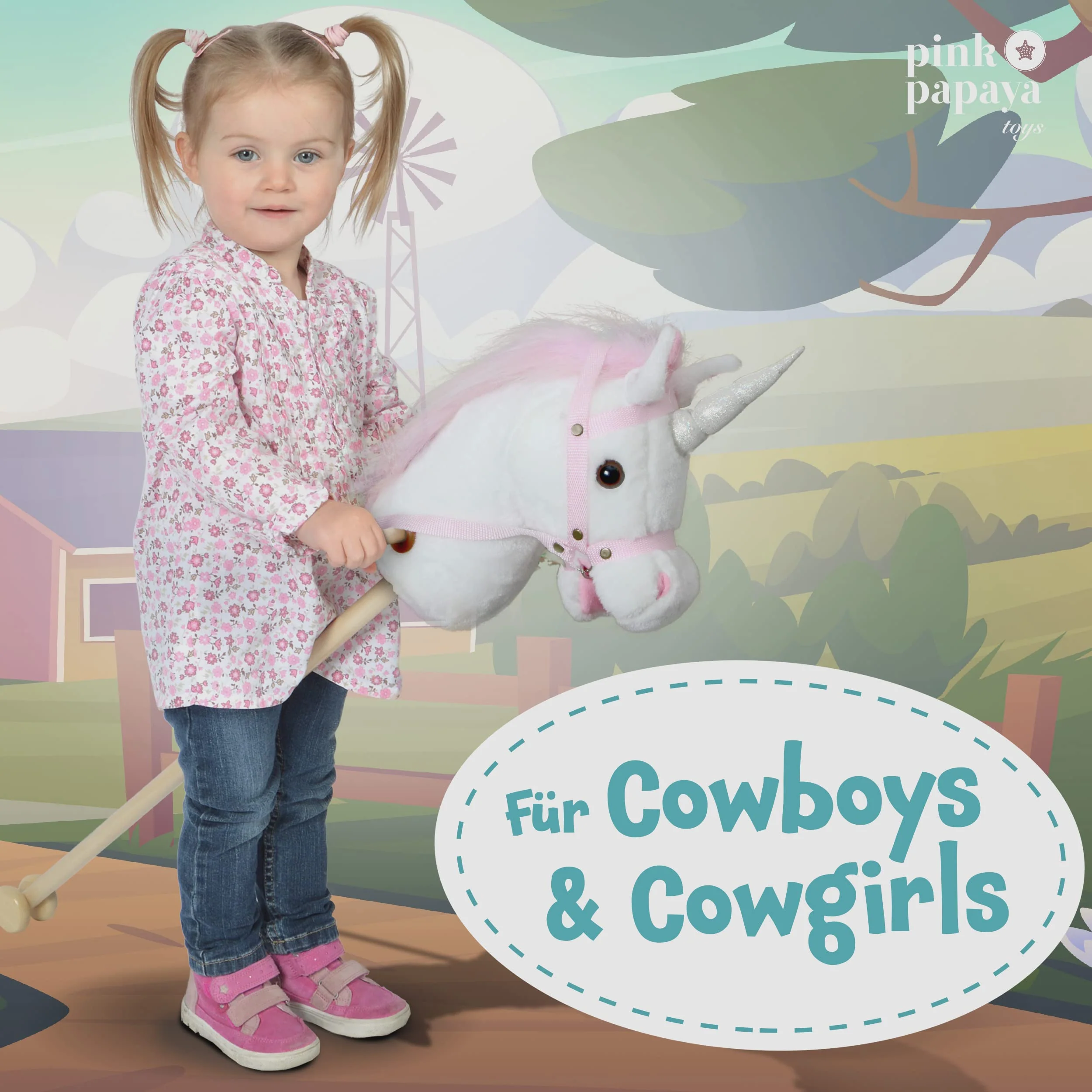 Pink Papaya Steckenpferd Einhorn, Mandy süßes Spielzeug Einhorn aus Plüsch mit Sound Funktion: Gewieher und Galoppgeräusch - Farbe: weiß mit rosa Mähne - Image 6