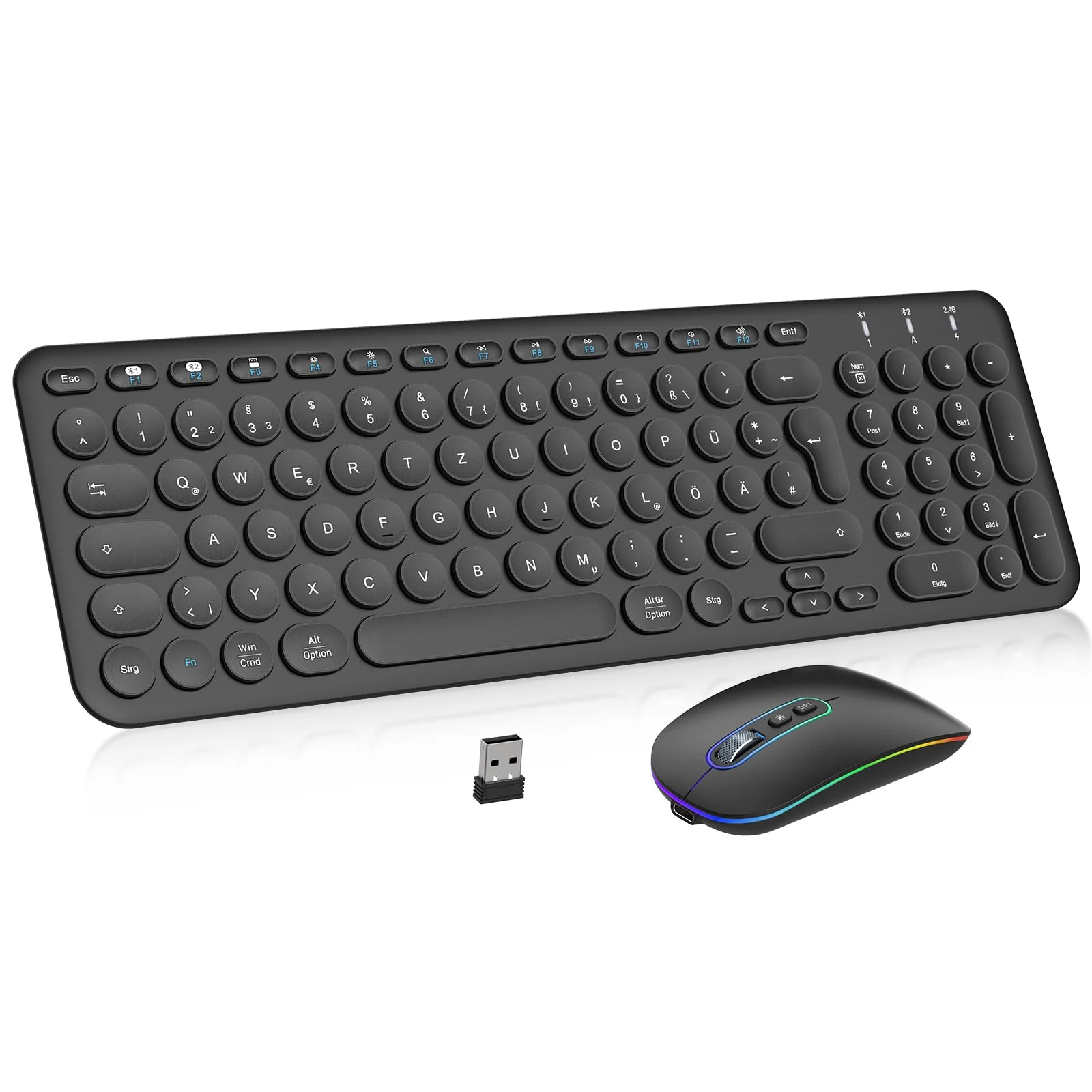 PINKCAT Bluetooth Tastatur Maus Set kabellos, Wiederaufladbare Dualmodus (Bluetooth 5.1+2.4G) Kabellose Tastatur und Maus, Extrem-Dünne Tastatur für Mac, iPad, Apple, Andoid, Windows (Schwarz) - Image 3