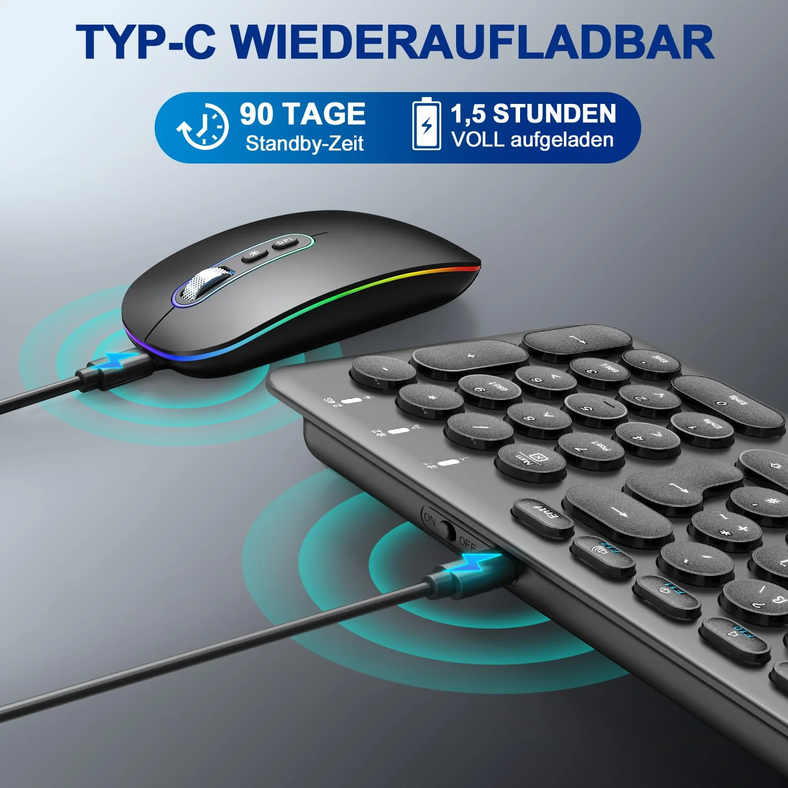 PINKCAT Bluetooth Tastatur Maus Set kabellos, Wiederaufladbare Dualmodus (Bluetooth 5.1+2.4G) Kabellose Tastatur und Maus, Extrem-Dünne Tastatur für Mac, iPad, Apple, Andoid, Windows (Schwarz) - Image 4
