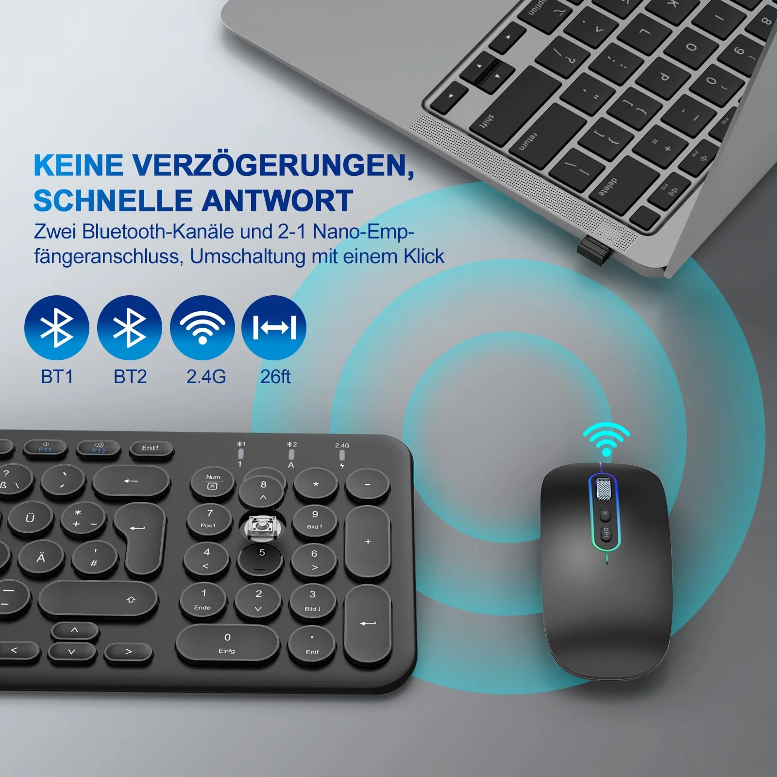 PINKCAT Bluetooth Tastatur Maus Set kabellos, Wiederaufladbare Dualmodus (Bluetooth 5.1+2.4G) Kabellose Tastatur und Maus, Extrem-Dünne Tastatur für Mac, iPad, Apple, Andoid, Windows (Schwarz) - Image 6