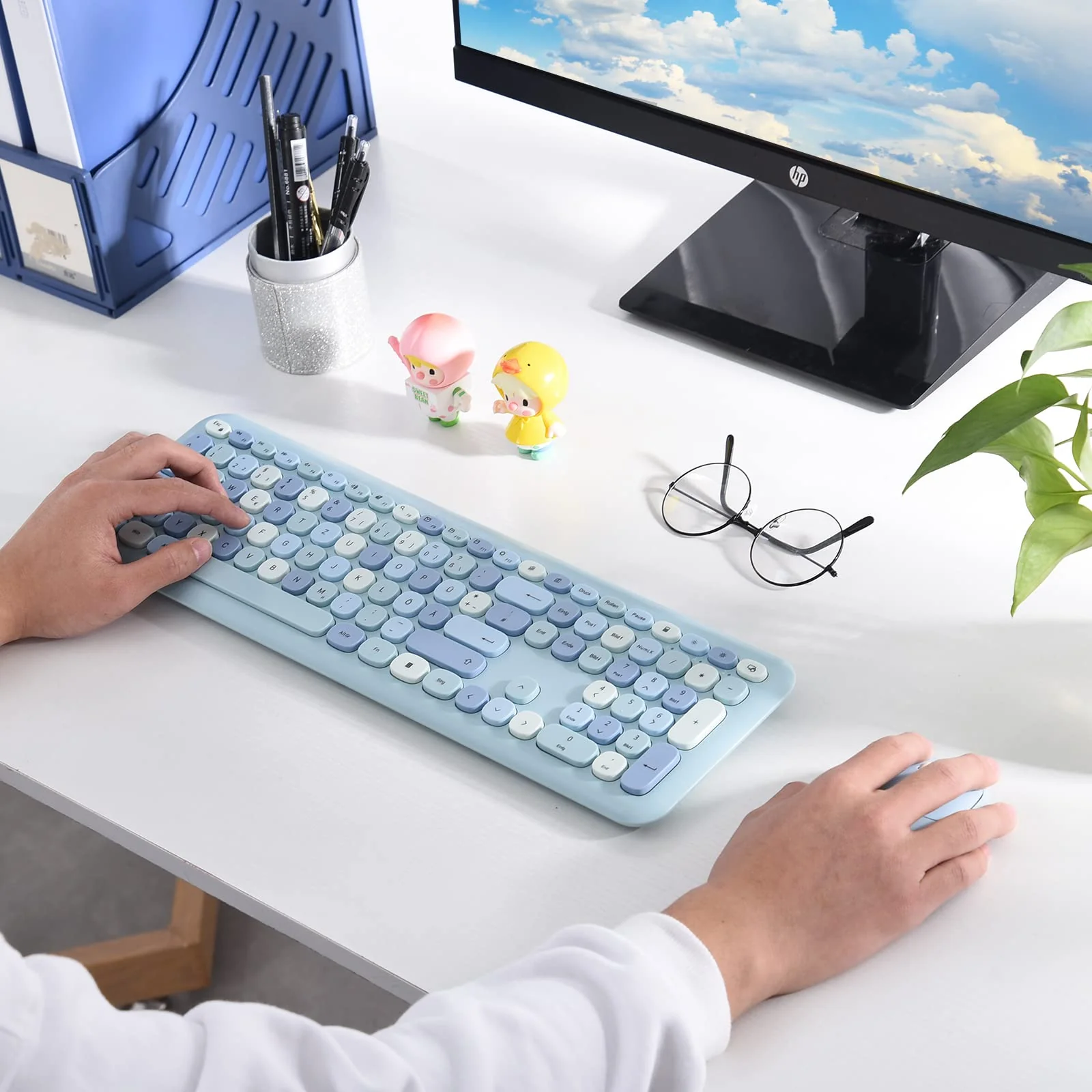 PINKCAT Tastatur Maus Set kabellos farbig, 2.4G Bunte Funktastatur mit Maus Retro Tastatur Cute Wireless Keyboard Silent Mouse für Computer/Desktop/PC/Laptop Geschenke - Blau - Image 2
