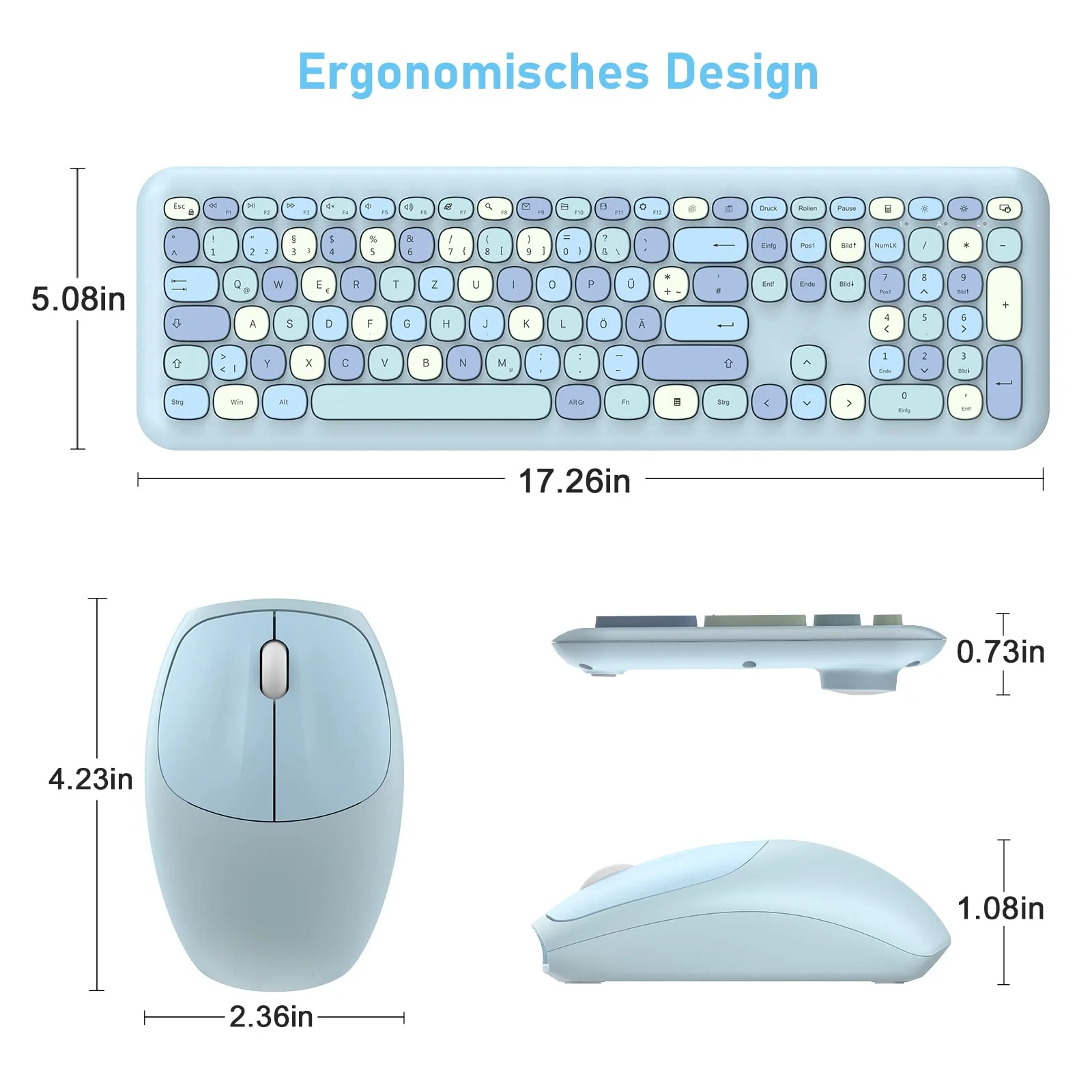 PINKCAT Tastatur Maus Set kabellos farbig, 2.4G Bunte Funktastatur mit Maus Retro Tastatur Cute Wireless Keyboard Silent Mouse für Computer/Desktop/PC/Laptop Geschenke - Blau - Image 3
