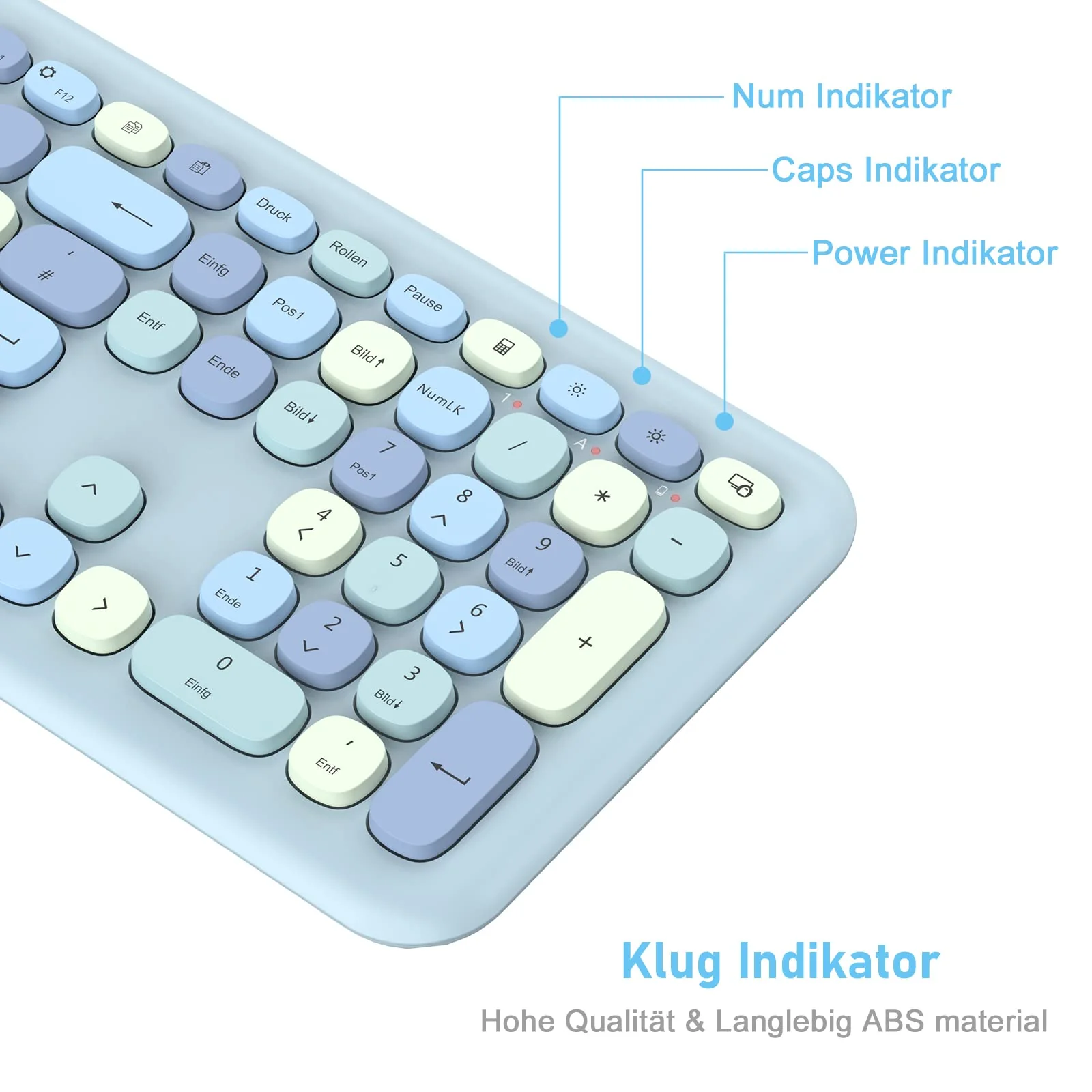 PINKCAT Tastatur Maus Set kabellos farbig, 2.4G Bunte Funktastatur mit Maus Retro Tastatur Cute Wireless Keyboard Silent Mouse für Computer/Desktop/PC/Laptop Geschenke - Blau - Image 4