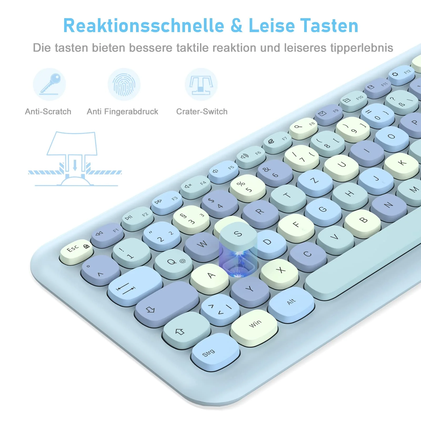 PINKCAT Tastatur Maus Set kabellos farbig, 2.4G Bunte Funktastatur mit Maus Retro Tastatur Cute Wireless Keyboard Silent Mouse für Computer/Desktop/PC/Laptop Geschenke - Blau - Image 6