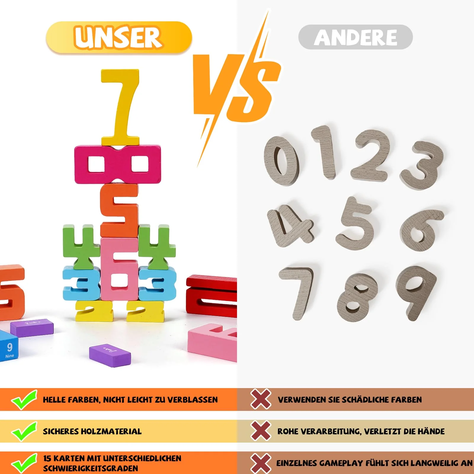 PKKP 20 Stück Number Blocks, Holz Zahlenblocks Spielzeug mit 15 Zahlenstapelkarten, Sensorik Holzbausteine Bausteine, Zahlen Lernen Montessori Spielzeug ab 3 Jahre, Solid Wood Building Blocks - Image 5