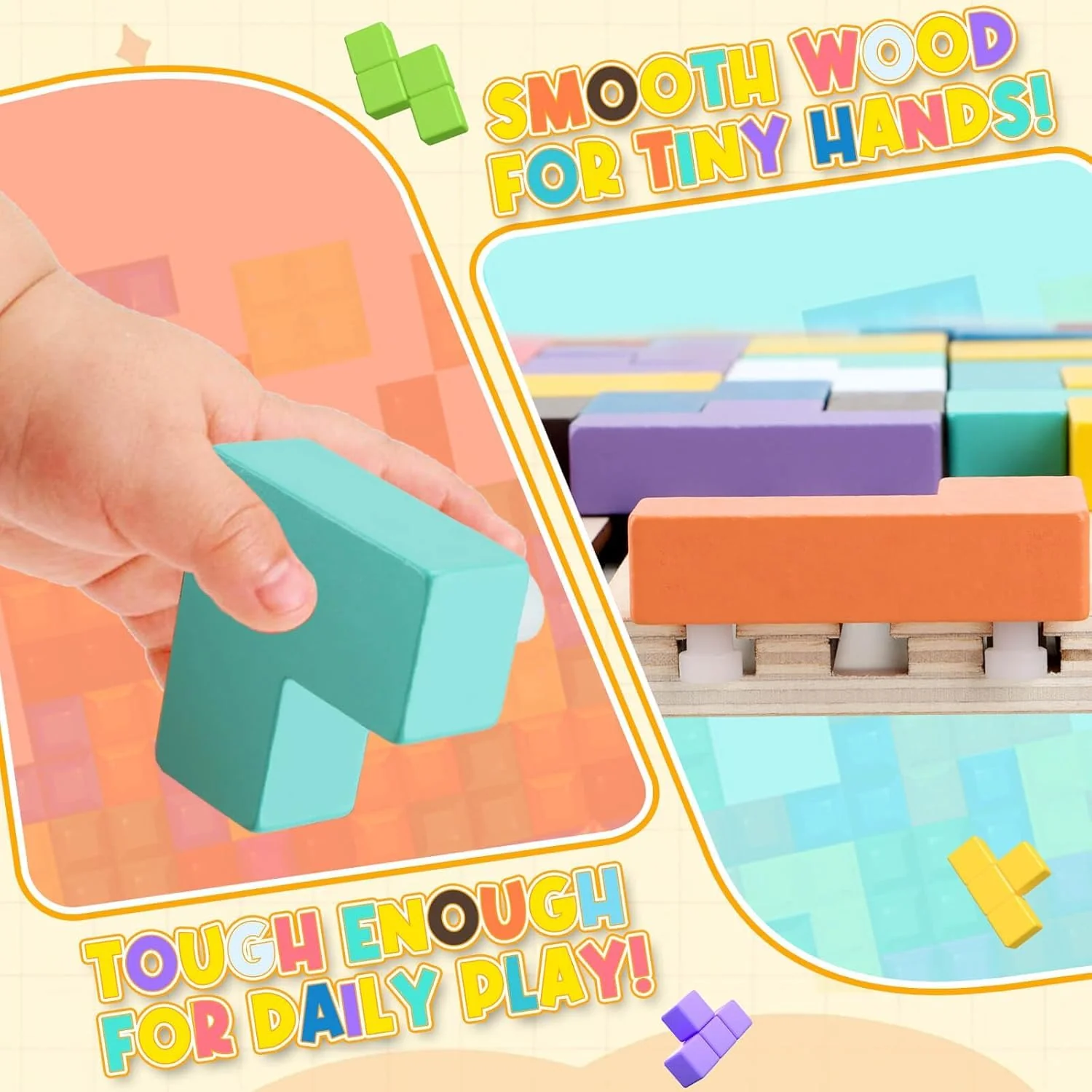 PKKP Holzpuzzle 3D Tetris, Sensorik Bausteine Puzzle mit 42 Steinen und 10 Herausforderungskarten, Montessori Spielzeug Geschenk für Holzpuzzle Set Tetris Spiel ab 3 4 5 6 Jahr (A) - Image 4