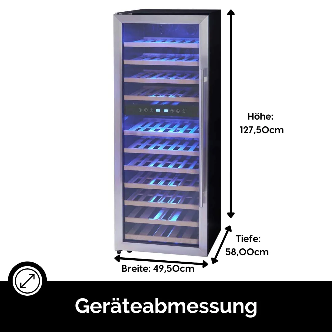 PKM Weinkühlschrank Vinothek WKS72B/ 5-18 °C/ 11 Holzeinschübe/ 192L Nutzinhalt/Platz für 73 Flaschen Wein/Soft-Touch Bedienfeld/LED-Beleuchtung/41 dB/ 128x50cm/ Edelstahl - Image 3