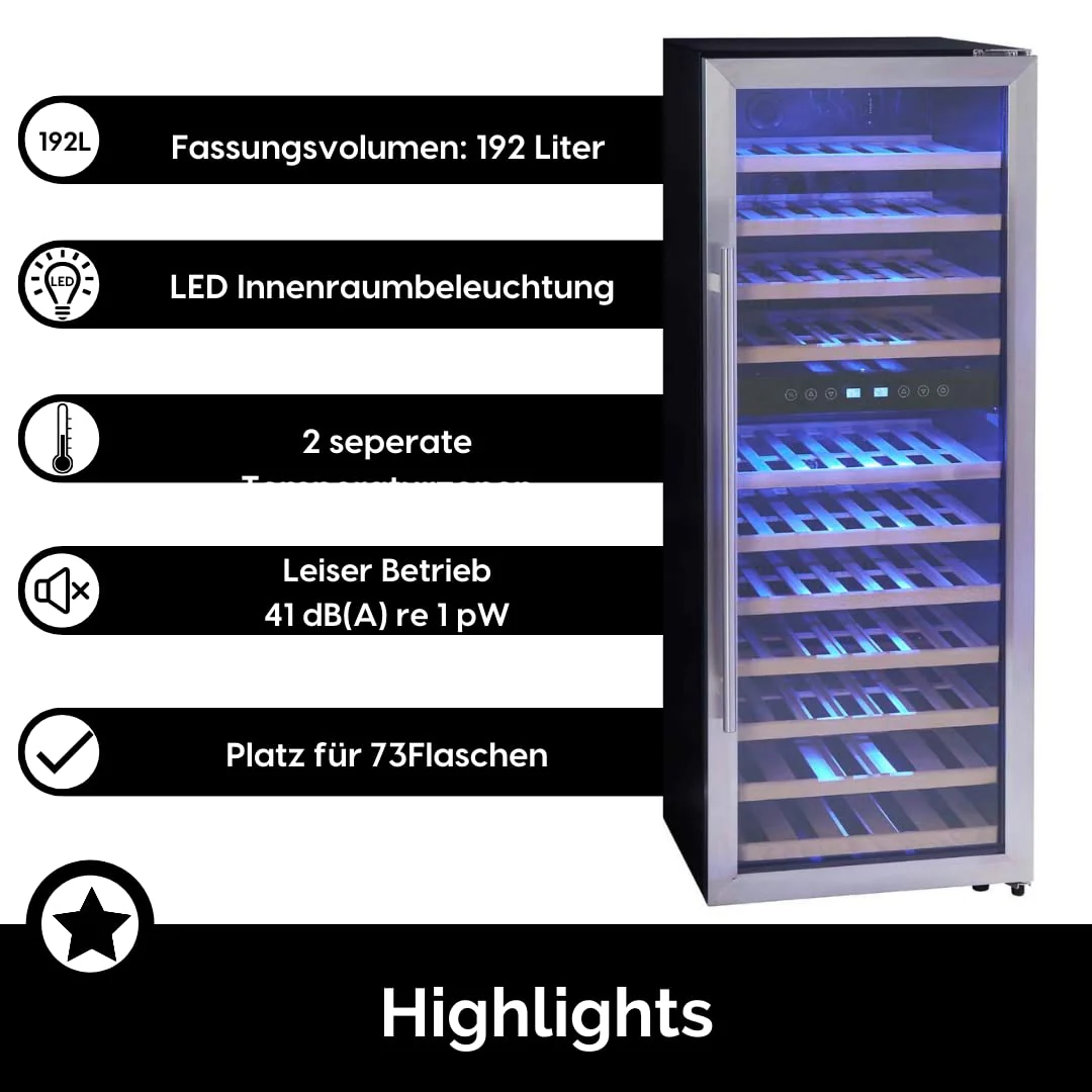 PKM Weinkühlschrank Vinothek WKS72B/ 5-18 °C/ 11 Holzeinschübe/ 192L Nutzinhalt/Platz für 73 Flaschen Wein/Soft-Touch Bedienfeld/LED-Beleuchtung/41 dB/ 128x50cm/ Edelstahl - Image 6