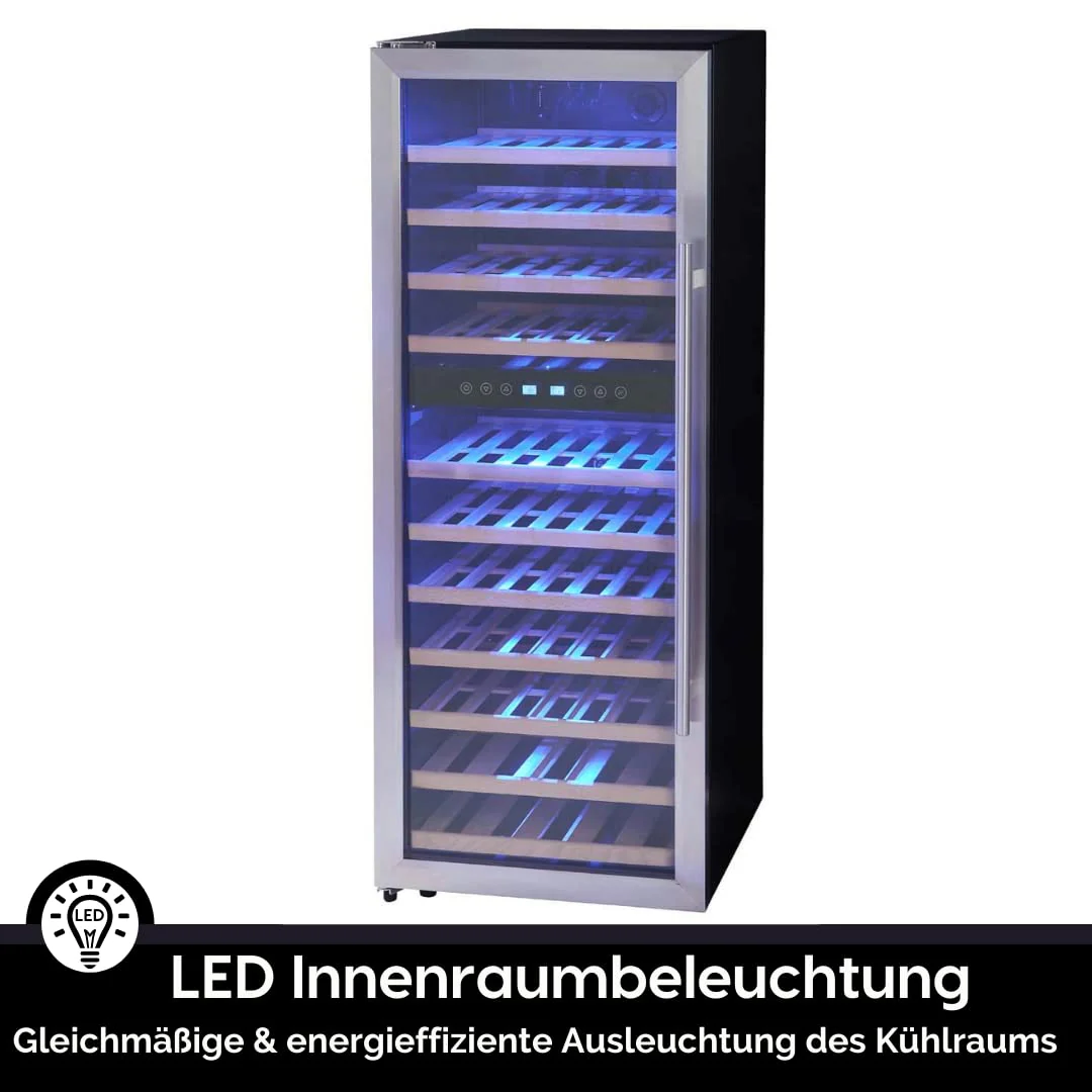 PKM Weinkühlschrank Vinothek WKS72B/ 5-18 °C/ 11 Holzeinschübe/ 192L Nutzinhalt/Platz für 73 Flaschen Wein/Soft-Touch Bedienfeld/LED-Beleuchtung/41 dB/ 128x50cm/ Edelstahl - Image 8