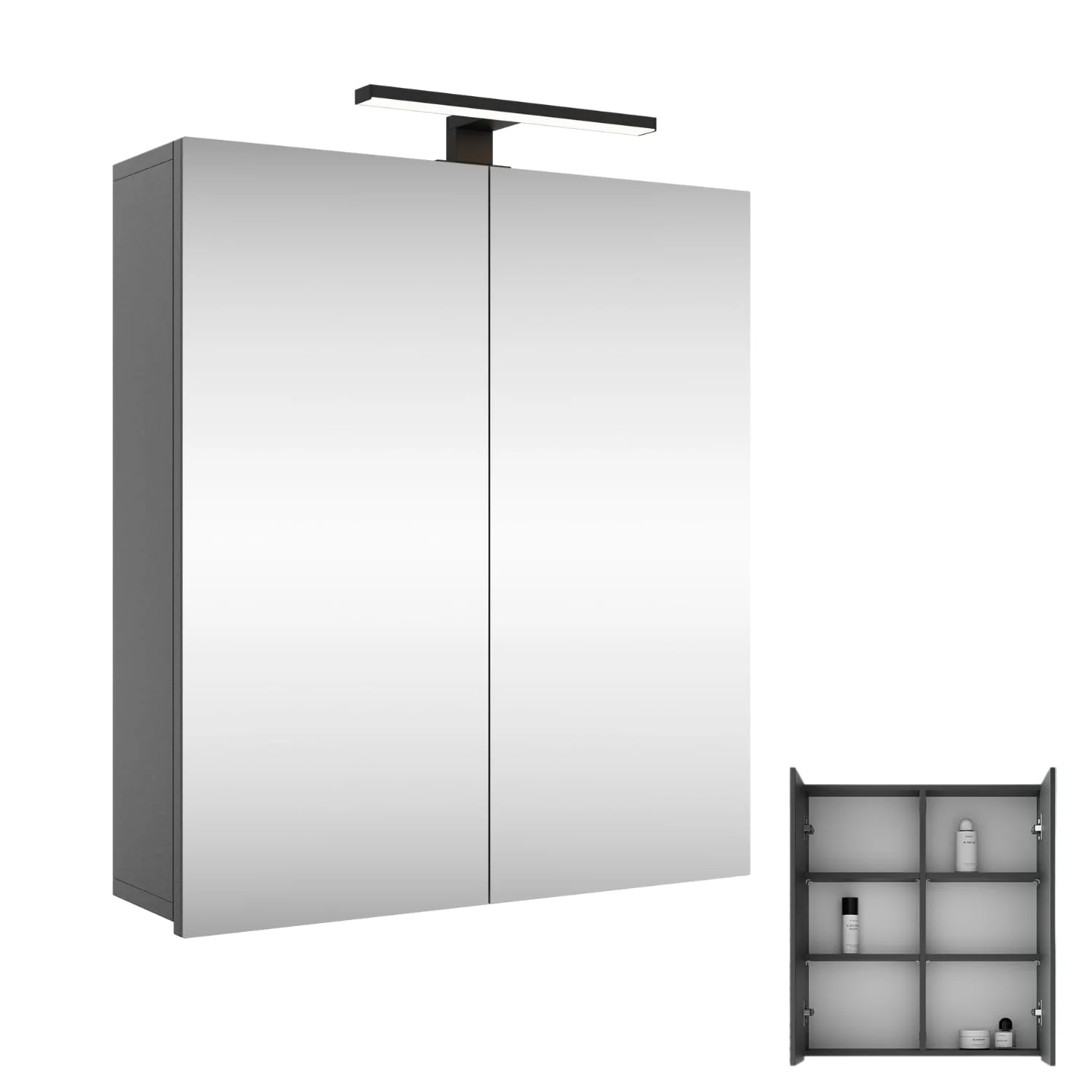 Planetmöbel Merkur Spiegelschrank Bad mit Beleuchtung 60 cm breit | Badschrank hängend mit Spiegel | Matt-Schwarz LED Beleuchtung | Anthrazit - Image 5