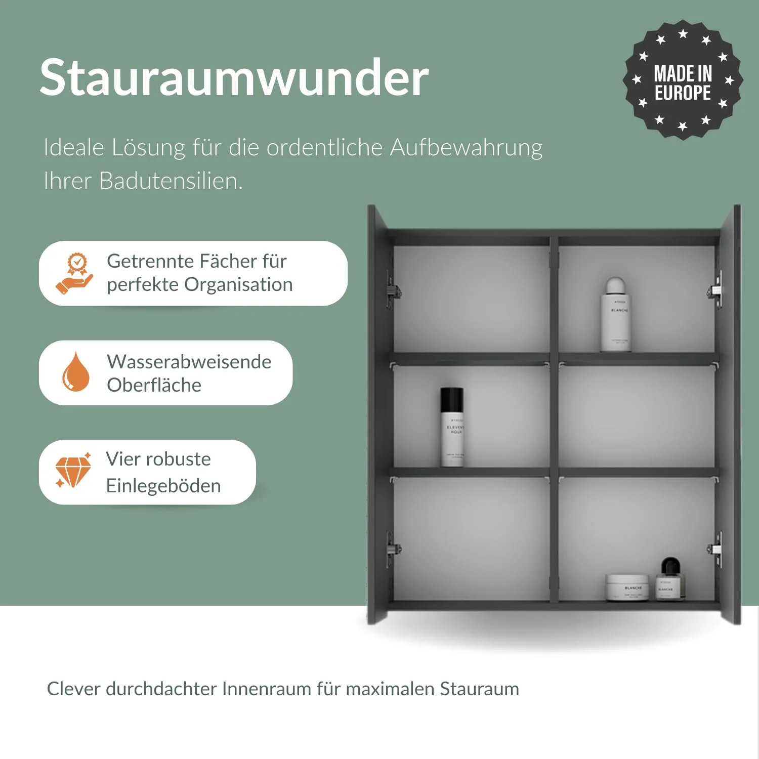 Planetmöbel Merkur Spiegelschrank Bad mit Beleuchtung 60 cm breit | Badschrank hängend mit Spiegel | Matt-Schwarz LED Beleuchtung | Anthrazit - Image 6
