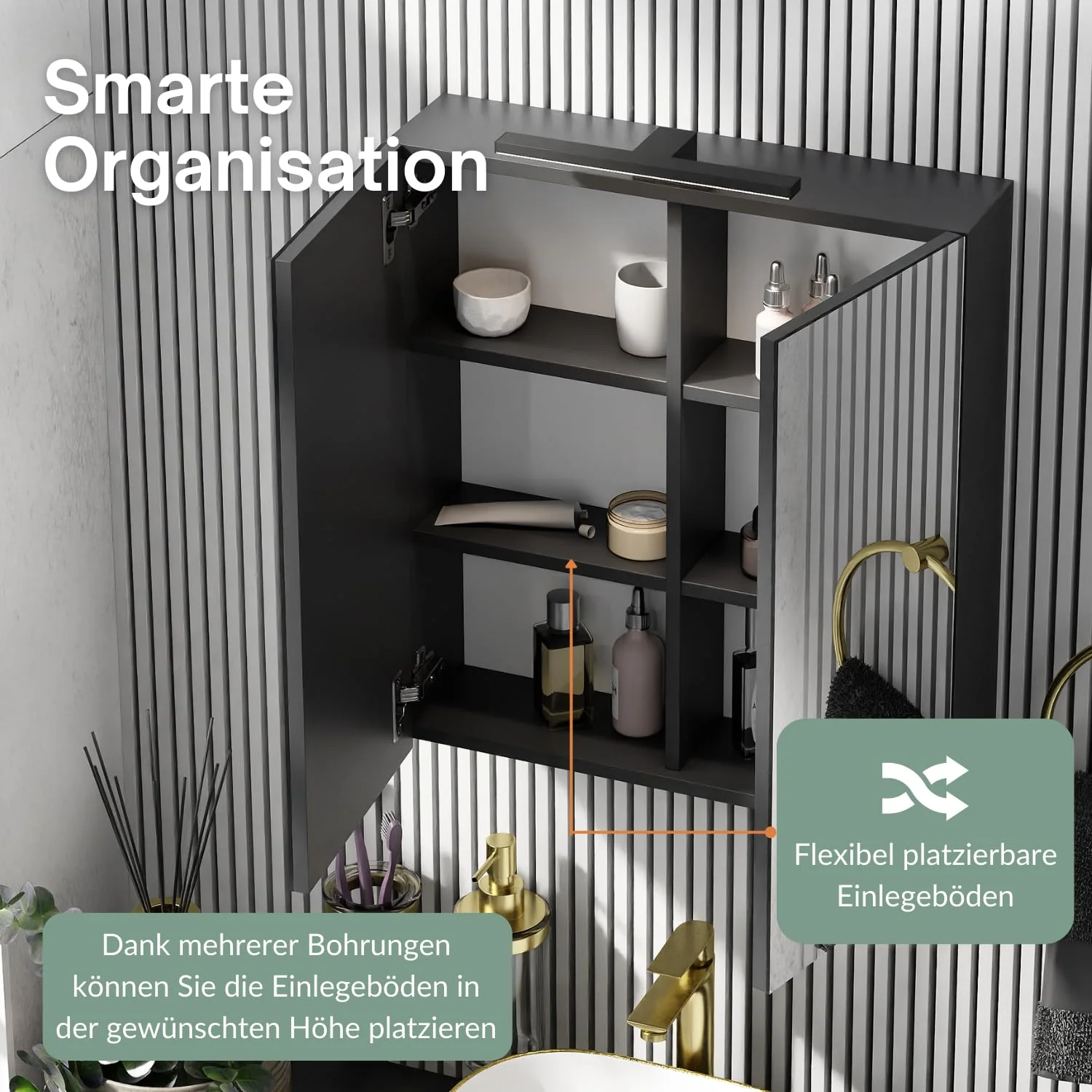 Planetmöbel Merkur Spiegelschrank Bad mit Beleuchtung 60 cm breit | Badschrank hängend mit Spiegel | Matt-Schwarz LED Beleuchtung | Anthrazit - Image 7