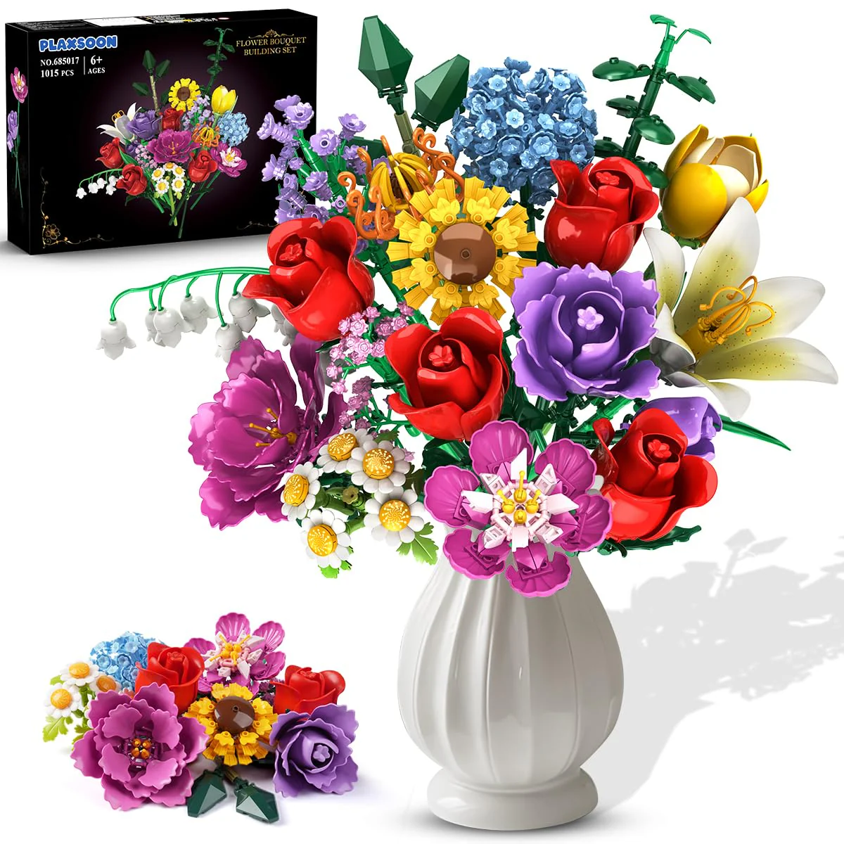 PLAXSOON Blumen Bauspielzeug für Erwachsene, 18 Blumen Rosen Bausteine, Botanical Collection Bauklotz Spielzeug Pflanzen Home Deko 1065 Stück, Geschenk für Freundin Freund Mädchen 12+