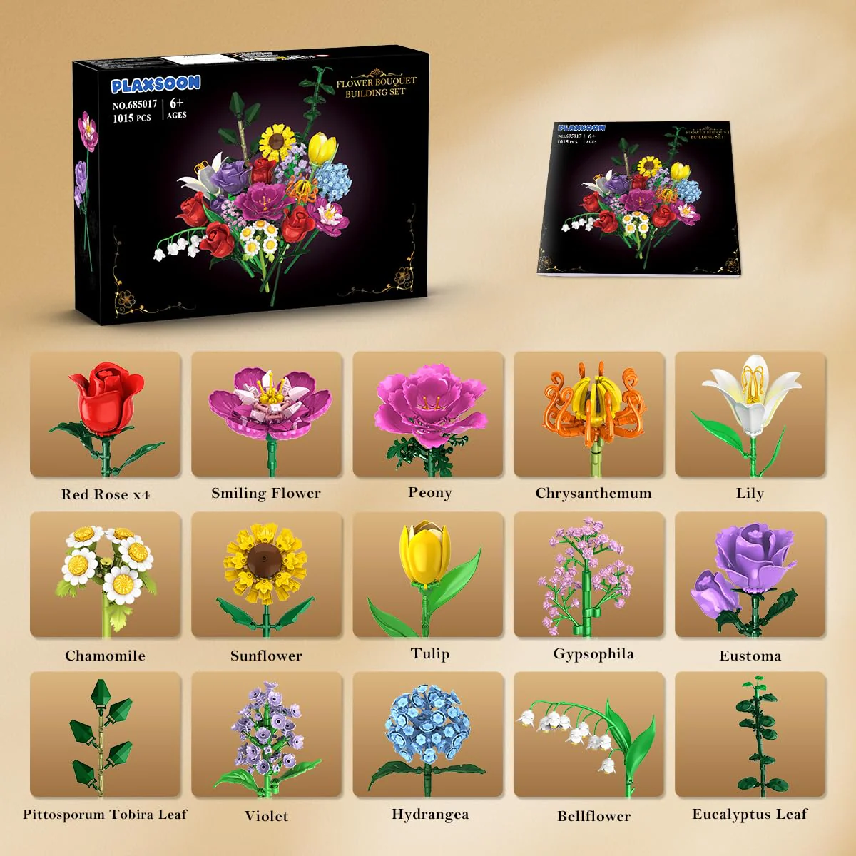 PLAXSOON Blumen Bauspielzeug für Erwachsene, 18 Blumen Rosen Bausteine, Botanical Collection Bauklotz Spielzeug Pflanzen Home Deko 1065 Stück, Geschenk für Freundin Freund Mädchen 12+ - Image 2
