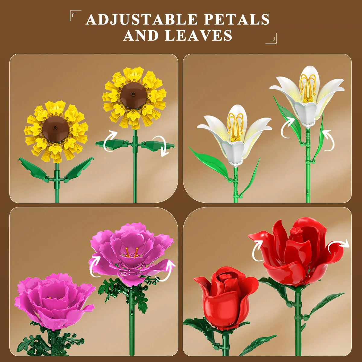PLAXSOON Blumen Bauspielzeug für Erwachsene, 18 Blumen Rosen Bausteine, Botanical Collection Bauklotz Spielzeug Pflanzen Home Deko 1065 Stück, Geschenk für Freundin Freund Mädchen 12+ - Image 5