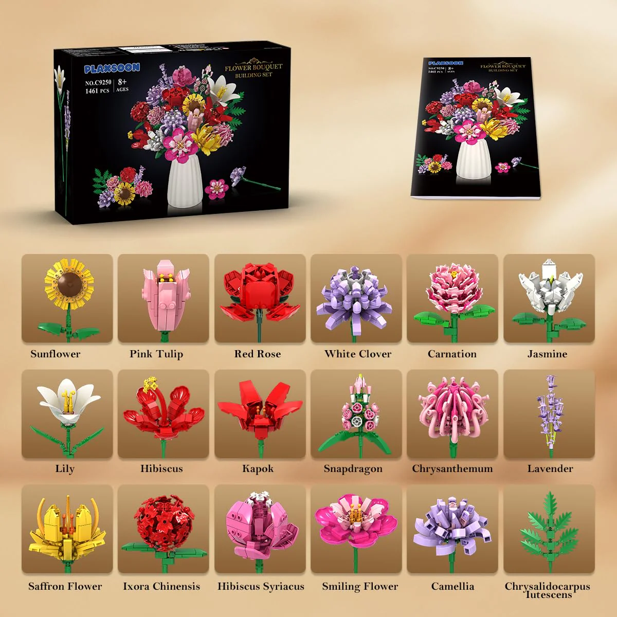 PLAXSOON Blumen Bauspielzeugset für Erwachsene, 18 Blumenstrauß Bausteine 1464 Stück, Botanical Kollektion Bauklötze Pflanzen Home Deko, Geschenk für Frauen Männer Kinder Jungen Mädchen - Image 2
