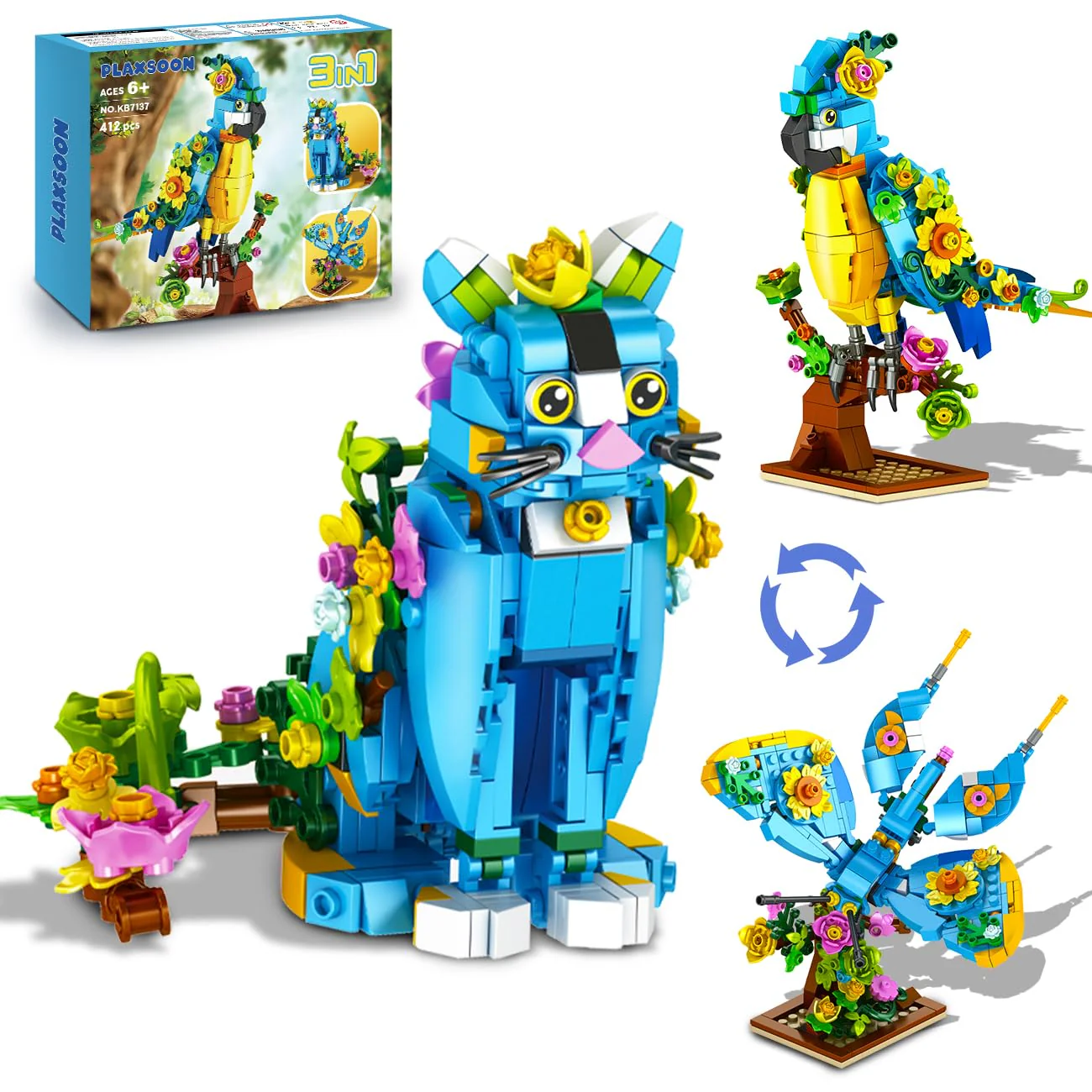 PLAXSOON Blumen Katzen Bauspielzeug, 3-in-1 Blumen Papagei Schmetterling Tierfigur Baustein, 412 Stück Klemmbausteine Geschenk für Heim- & Büro-Kunstdeko, für Erwachsene Mädchen Kinder ab 8-12+ Jahren