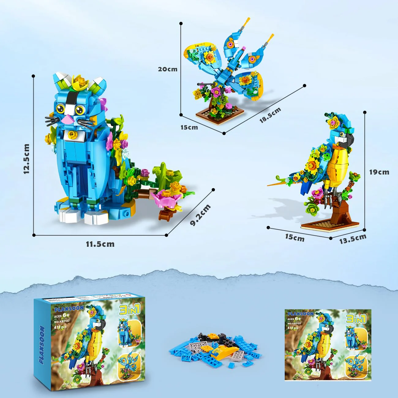 PLAXSOON Blumen Katzen Bauspielzeug, 3-in-1 Blumen Papagei Schmetterling Tierfigur Baustein, 412 Stück Klemmbausteine Geschenk für Heim- & Büro-Kunstdeko, für Erwachsene Mädchen Kinder ab 8-12+ Jahren - Image 4