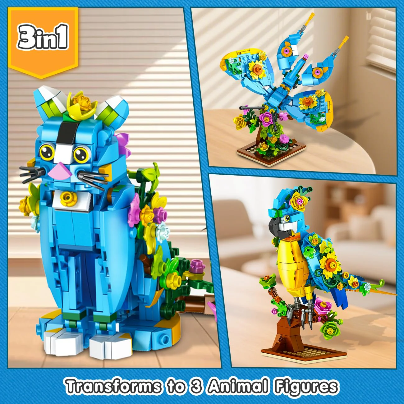 PLAXSOON Blumen Katzen Bauspielzeug, 3-in-1 Blumen Papagei Schmetterling Tierfigur Baustein, 412 Stück Klemmbausteine Geschenk für Heim- & Büro-Kunstdeko, für Erwachsene Mädchen Kinder ab 8-12+ Jahren - Image 9