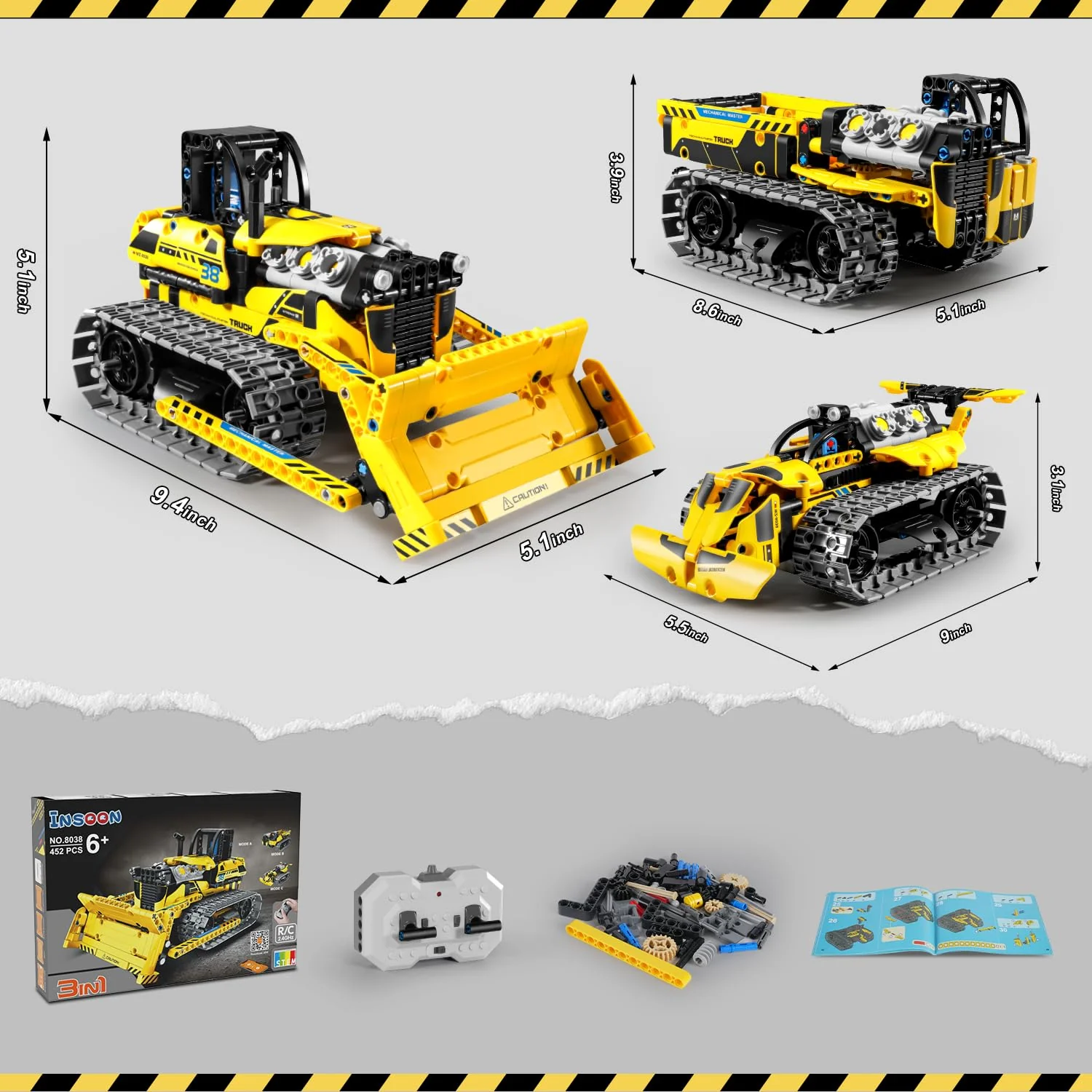PLAXSOON Technik Ferngesteuertes Baufahrzeug Bauspielzeug mit Wiederaufladbare Akku, 3-in-1 RC STEM Technic Bulldozer Kipplaster Klemmbausteine 452 Stück, Geschenk für Kinder Jungen ab 8-12+ Jahren - Image 3