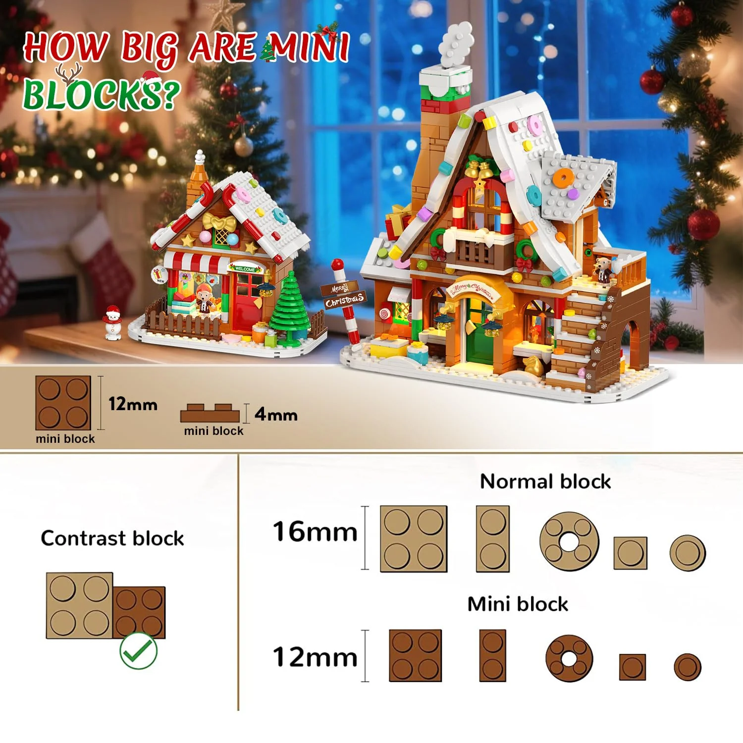 PLAXSOON Weihnachts Lebkuchenhaus Mini Bauspielzeug mit Lichtern, Weihnachtsdorf Bausatz mit Weihnachtsbaum Zug Heimdekoration, Klemmbausteine Geschenk für Erwachsene Kinder Mädche Jungen ab 14+ - Image 3
