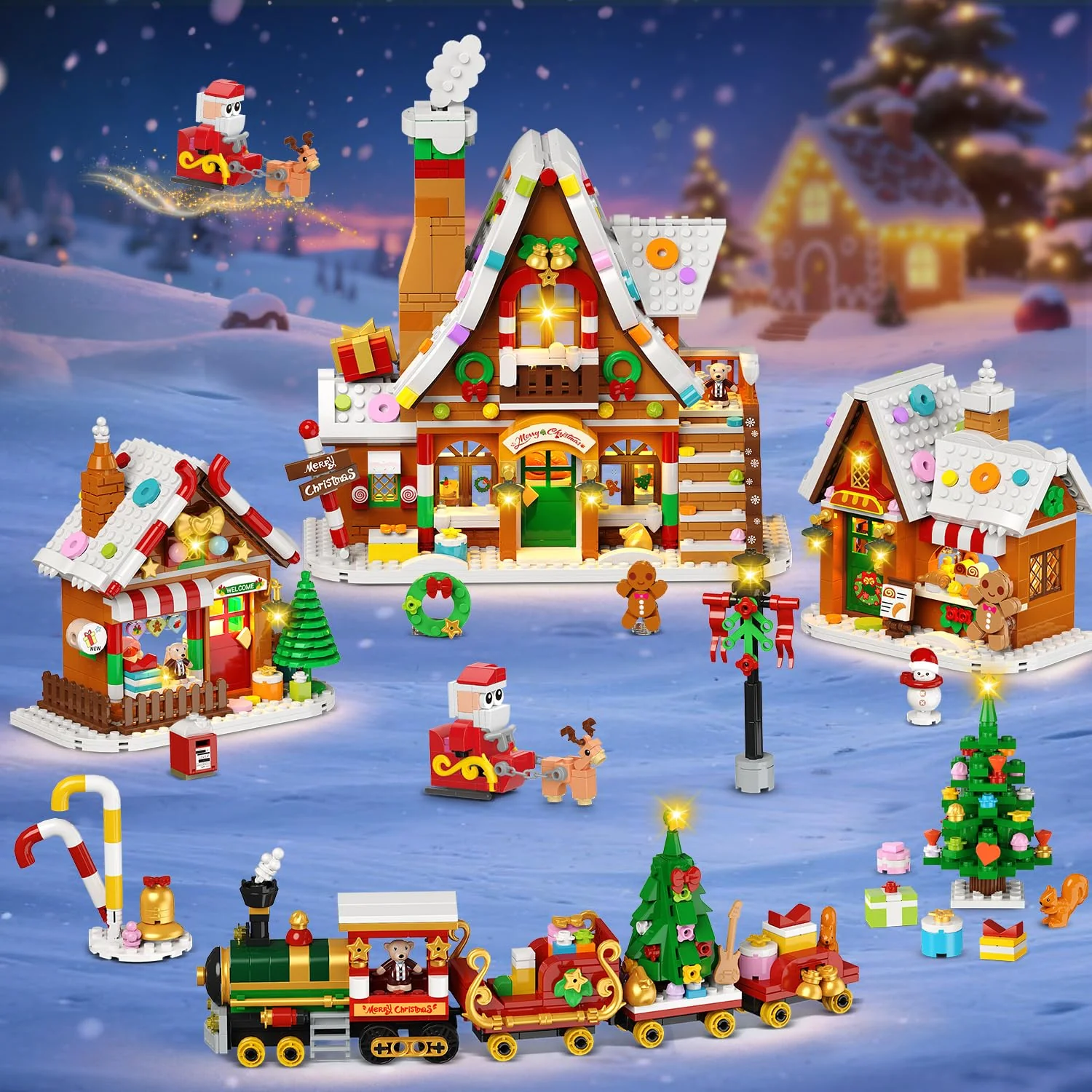 PLAXSOON Weihnachts Lebkuchenhaus Mini Bauspielzeug mit Lichtern, Weihnachtsdorf Bausatz mit Weihnachtsbaum Zug Heimdekoration, Klemmbausteine Geschenk für Erwachsene Kinder Mädche Jungen ab 14+ - Image 4
