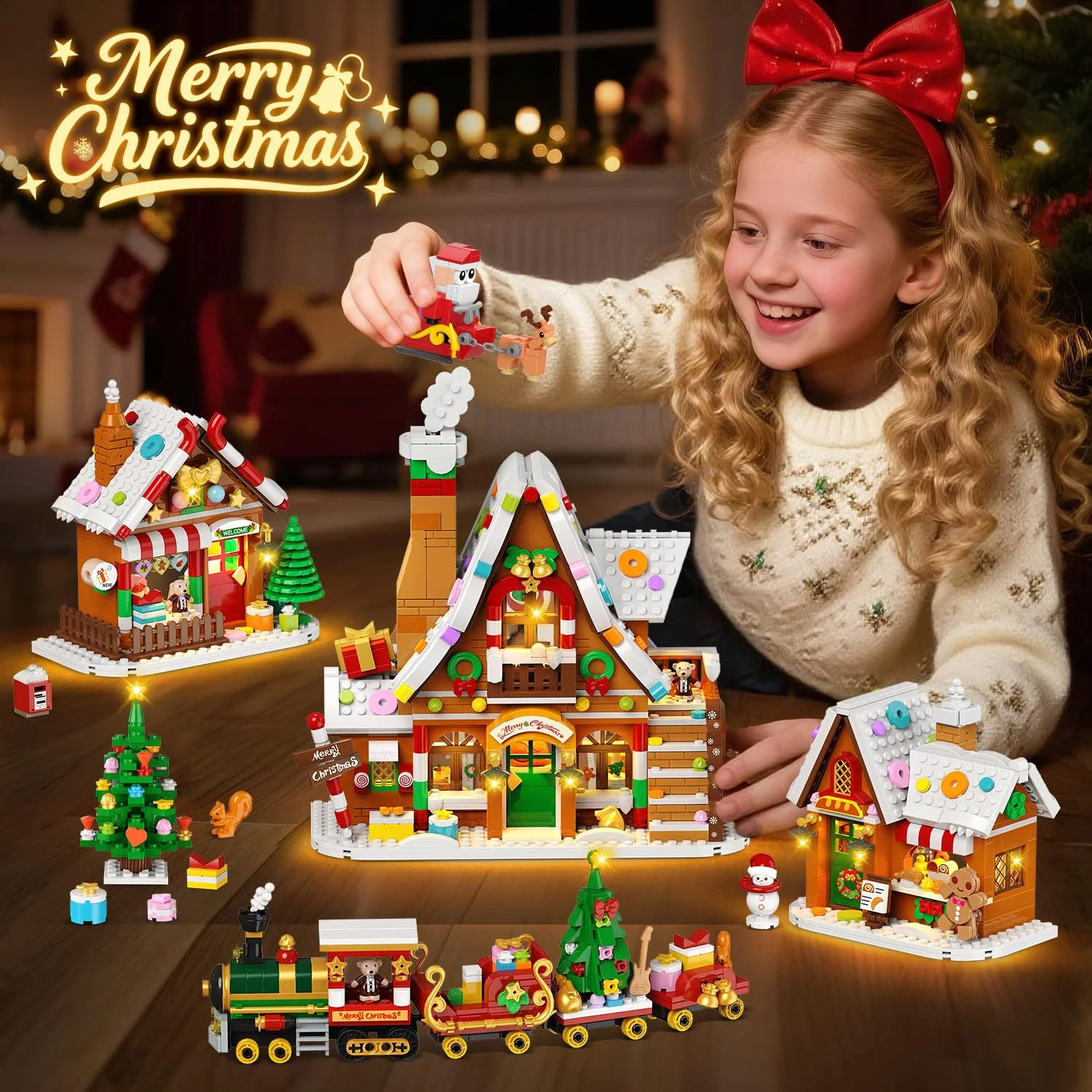 PLAXSOON Weihnachts Lebkuchenhaus Mini Bauspielzeug mit Lichtern, Weihnachtsdorf Bausatz mit Weihnachtsbaum Zug Heimdekoration, Klemmbausteine Geschenk für Erwachsene Kinder Mädche Jungen ab 14+ - Image 5