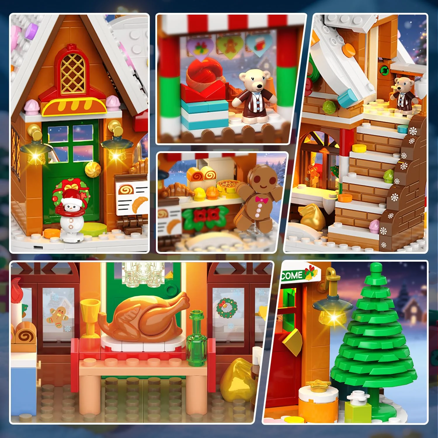 PLAXSOON Weihnachts Lebkuchenhaus Mini Bauspielzeug mit Lichtern, Weihnachtsdorf Bausatz mit Weihnachtsbaum Zug Heimdekoration, Klemmbausteine Geschenk für Erwachsene Kinder Mädche Jungen ab 14+ - Image 6