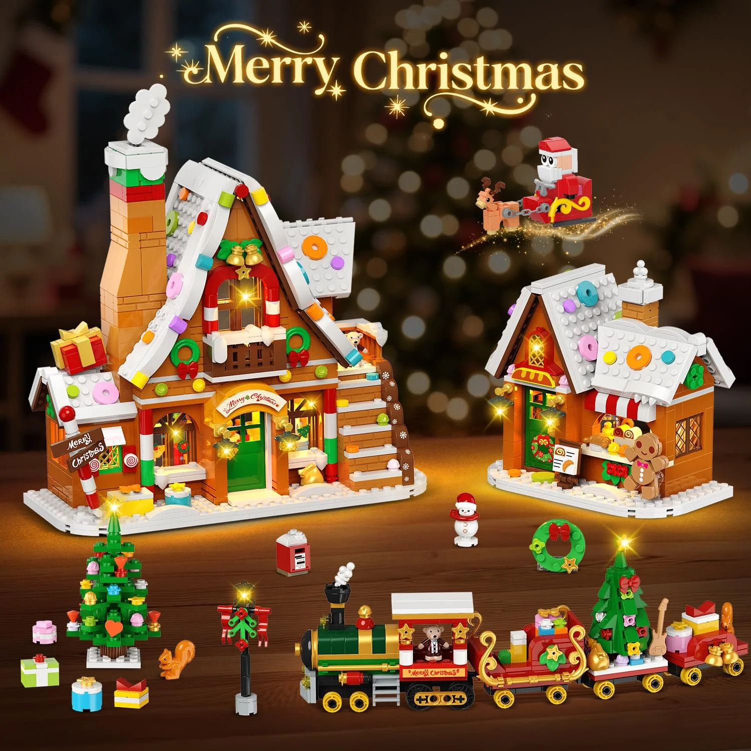 PLAXSOON Weihnachts Lebkuchenhaus Mini Bauspielzeug mit Lichtern, Weihnachtsdorf Bausatz mit Weihnachtsbaum Zug Heimdekoration, Klemmbausteine Geschenk für Erwachsene Kinder Mädche Jungen ab 14+ - Image 7