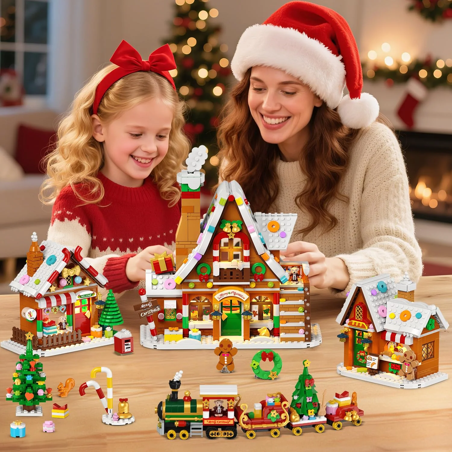 PLAXSOON Weihnachts Lebkuchenhaus Mini Bauspielzeug mit Lichtern, Weihnachtsdorf Bausatz mit Weihnachtsbaum Zug Heimdekoration, Klemmbausteine Geschenk für Erwachsene Kinder Mädche Jungen ab 14+ - Image 8