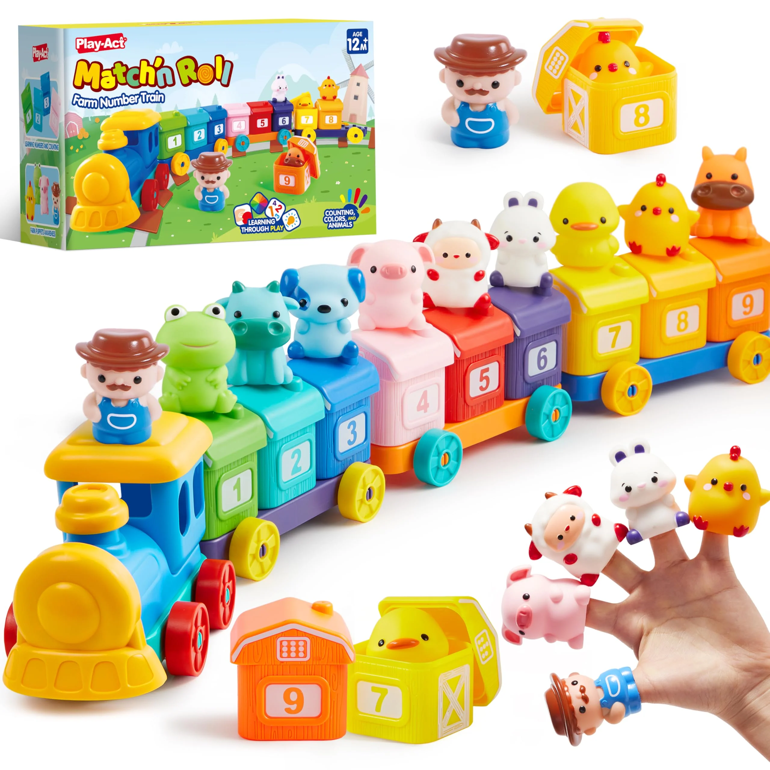 Play-Act Montessori Baby Spielzeug ab 1 2 3 Jahr, Lernbauernhofzug zum Zählen, Zuordnen und Sortieren, inkl. 9 Bauernhoftieren und 1 Bauer, Lernspielzeug Geschenk für Junge und Mädchen ab 1 2 3 Jahre